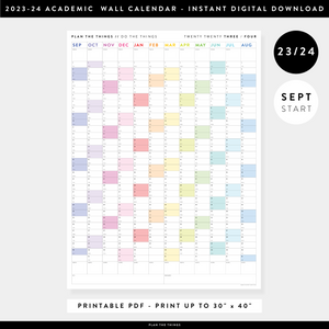 PRINTABLE 2023 / 2024 ACADEMIC WALL CALENDAR (SEPTEMBER START) | VERTICAL WITH RAINBOW WEEKENDS - INSTANT DOWNLOAD