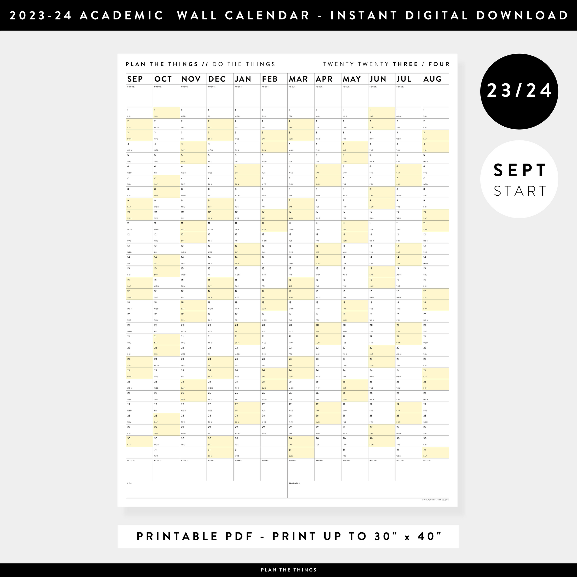 PRINTABLE 2023 / 2024 ACADEMIC WALL CALENDAR (SEPTEMBER START) | VERTICAL WITH YELLOW WEEKENDS - INSTANT DOWNLOAD