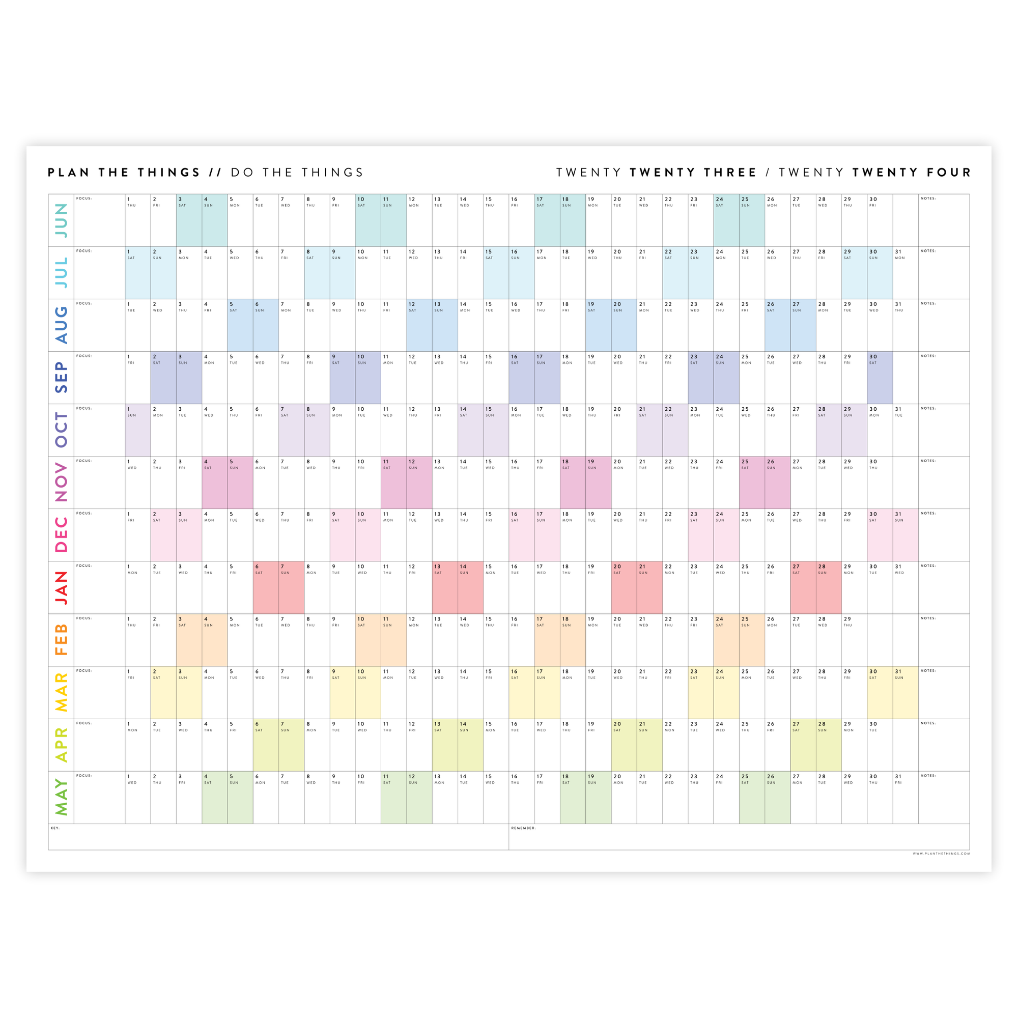 2023 / 2024 ACADEMIC WALL CALENDAR (JUNE START) | HORIZONTAL WITH RAINBOW WEEKENDS
