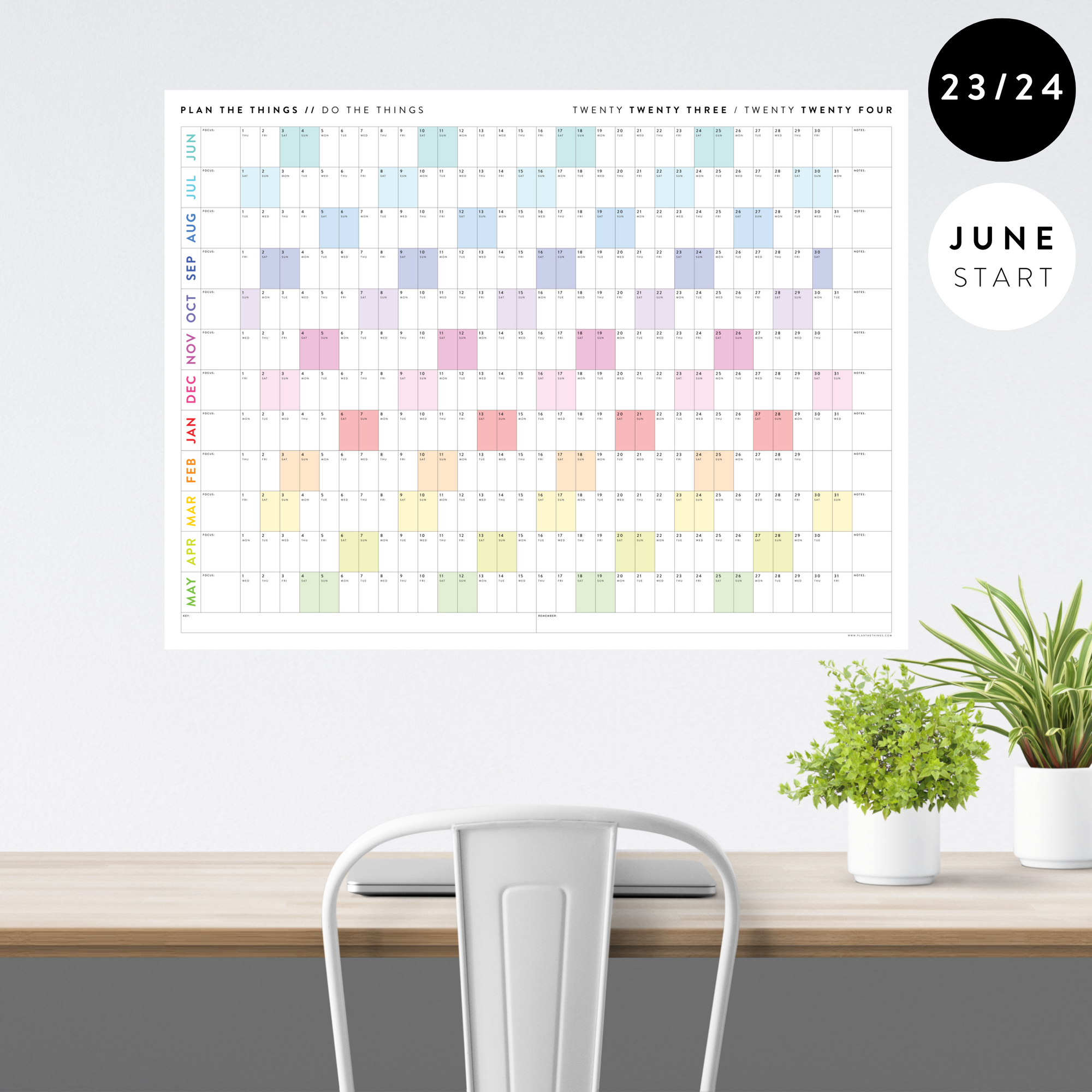 2023 / 2024 ACADEMIC WALL CALENDAR (JUNE START) | HORIZONTAL WITH RAINBOW WEEKENDS