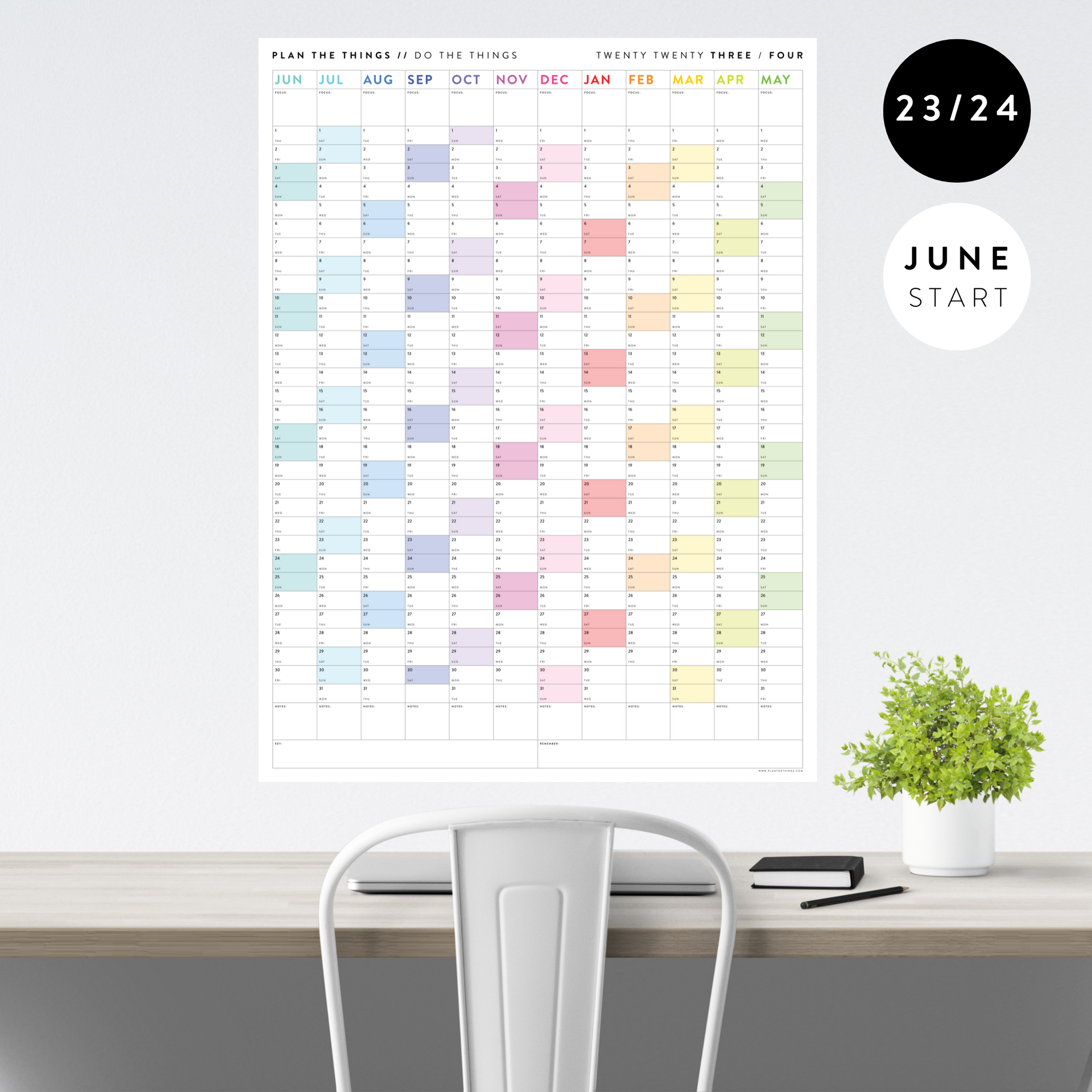 2023 / 2024 ACADEMIC WALL CALENDAR (JUNE START) | VERTICAL WITH RAINBOW WEEKENDS