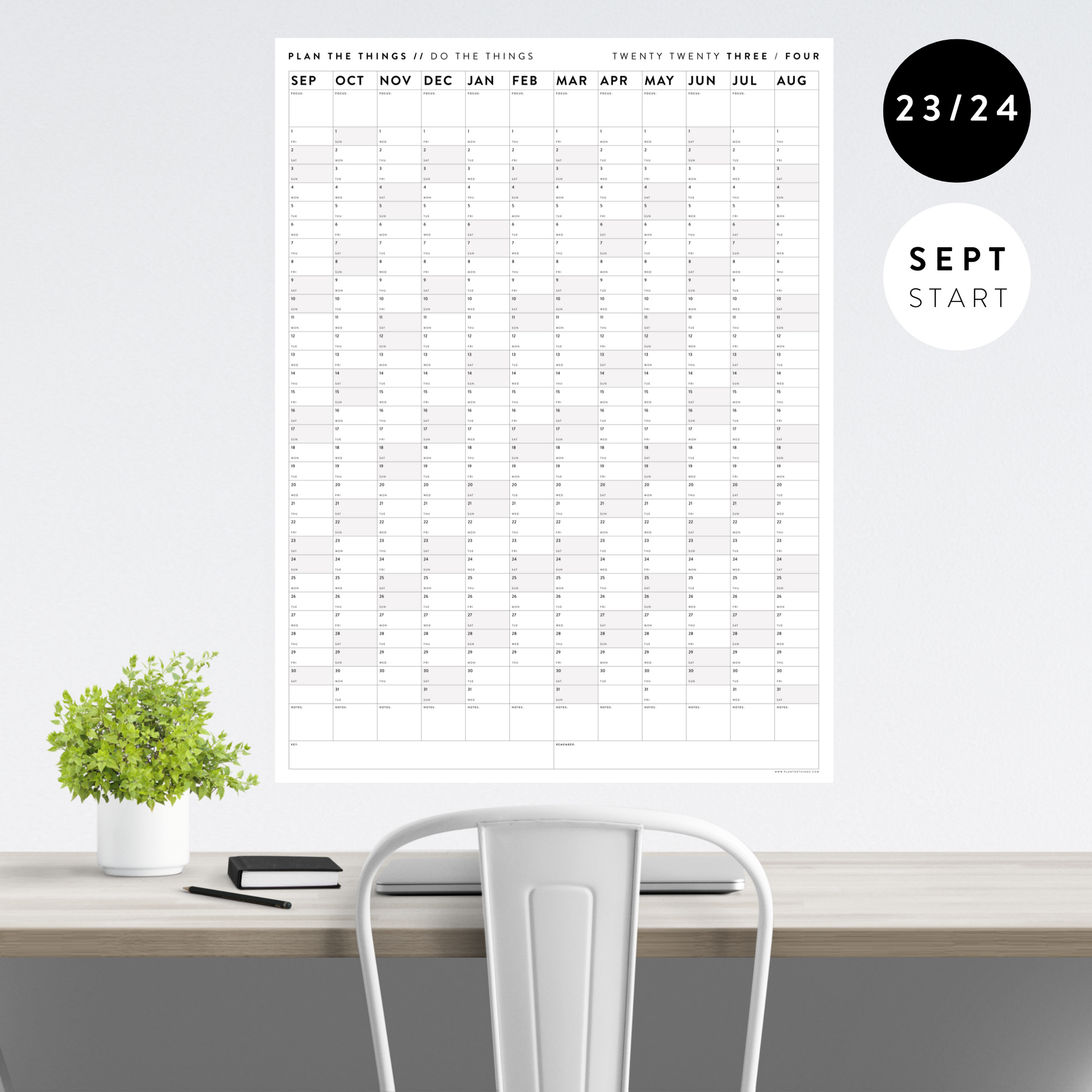 2023 / 2024 ACADEMIC WALL CALENDAR (SEPTEMBER START) | VERTICAL WITH GRAY / GREY WEEKENDS