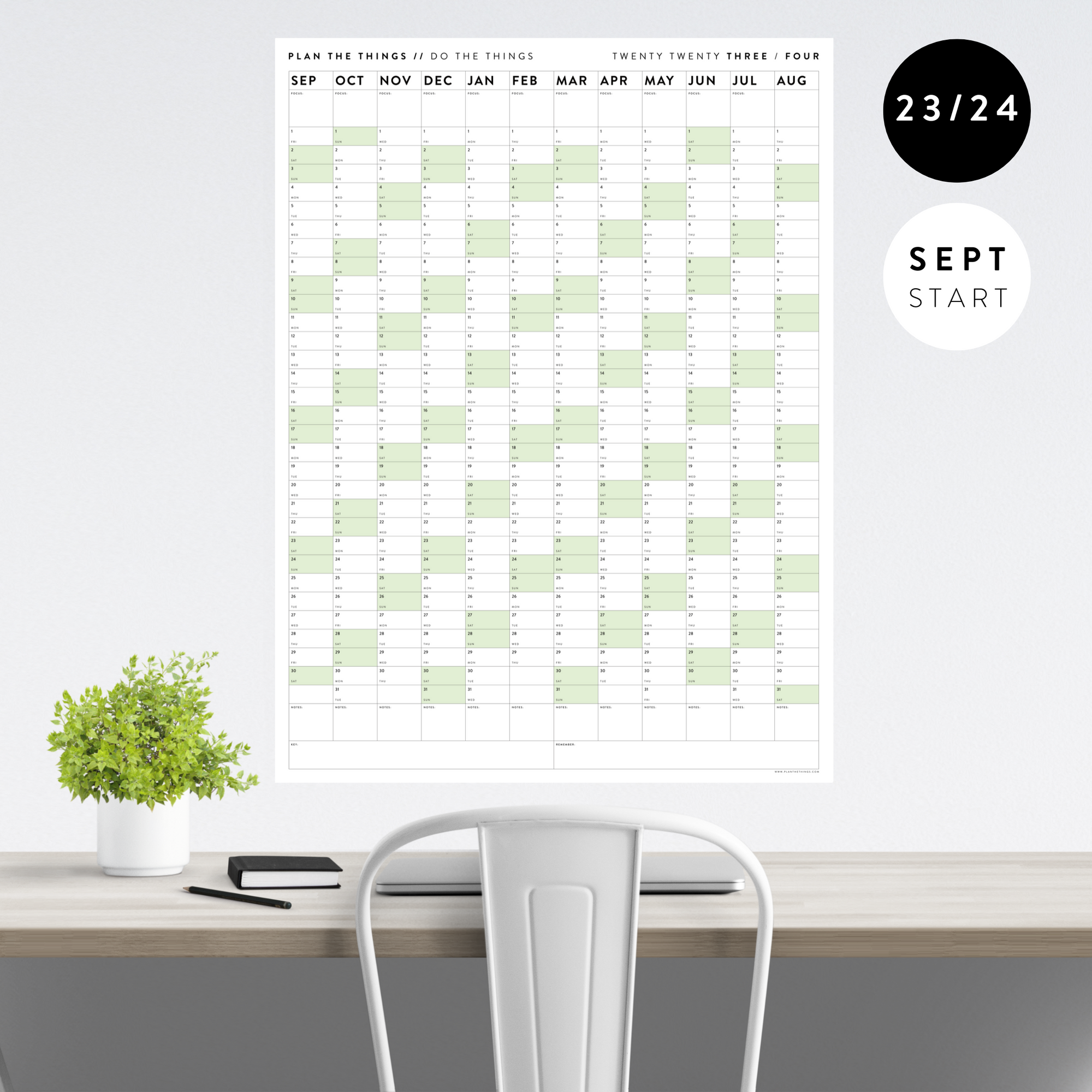 2023 / 2024 ACADEMIC WALL CALENDAR (SEPTEMBER START) | VERTICAL WITH GREEN WEEKENDS