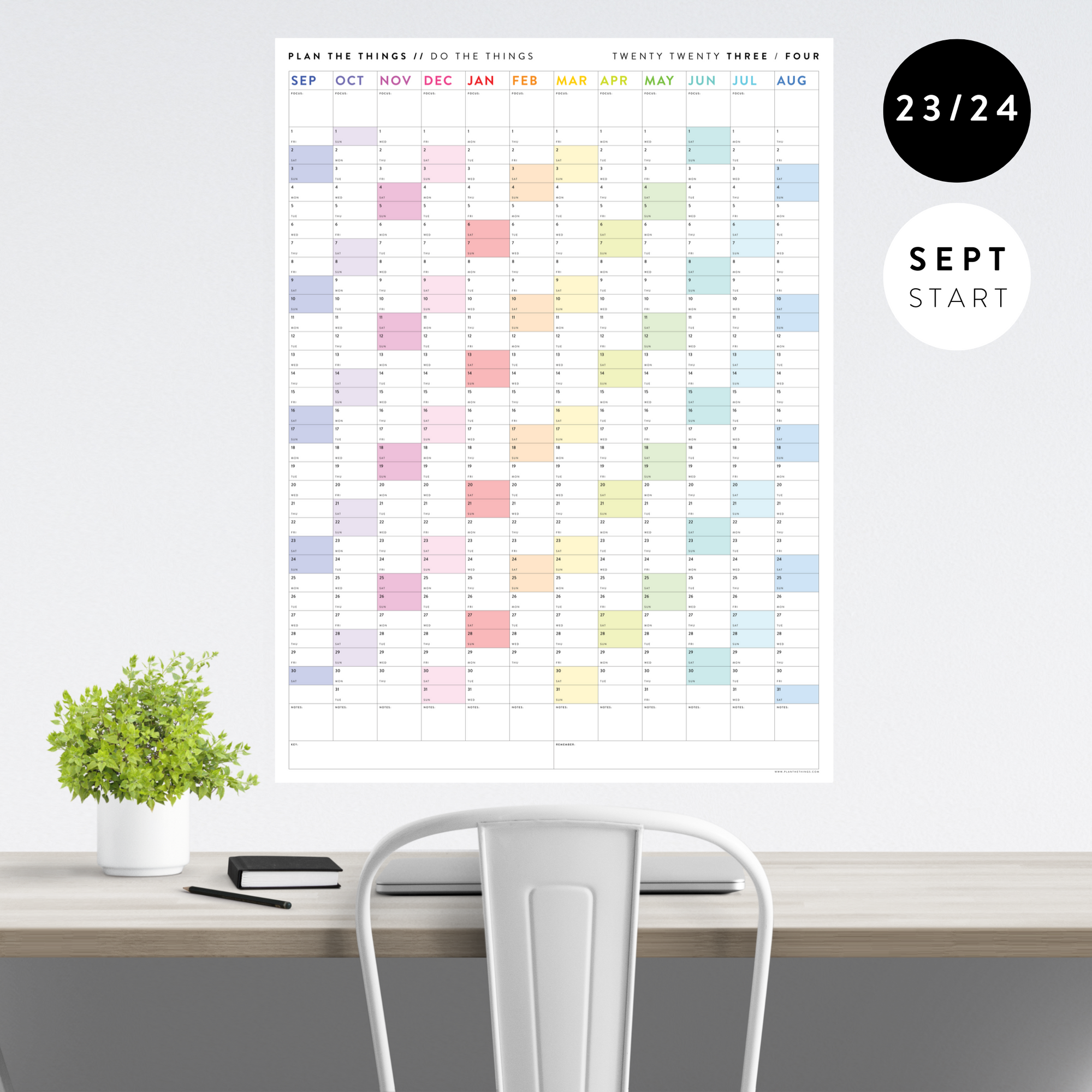 2023 / 2024 ACADEMIC WALL CALENDAR (SEPTEMBER START) | VERTICAL WITH RAINBOW WEEKENDS