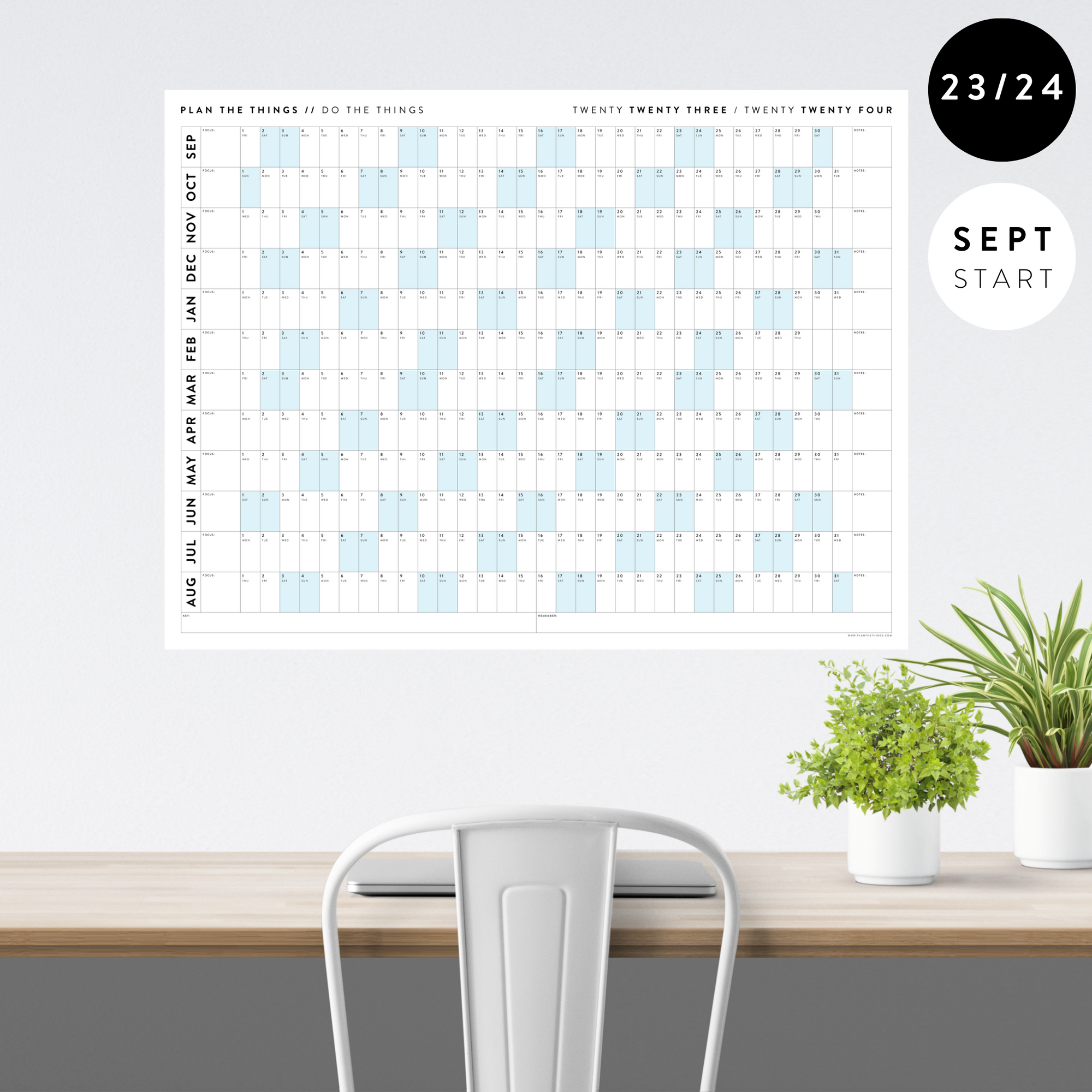 2023 / 2024 ACADEMIC WALL CALENDAR (SEPTEMBER START) | HORIZONTAL WITH BLUE WEEKENDS