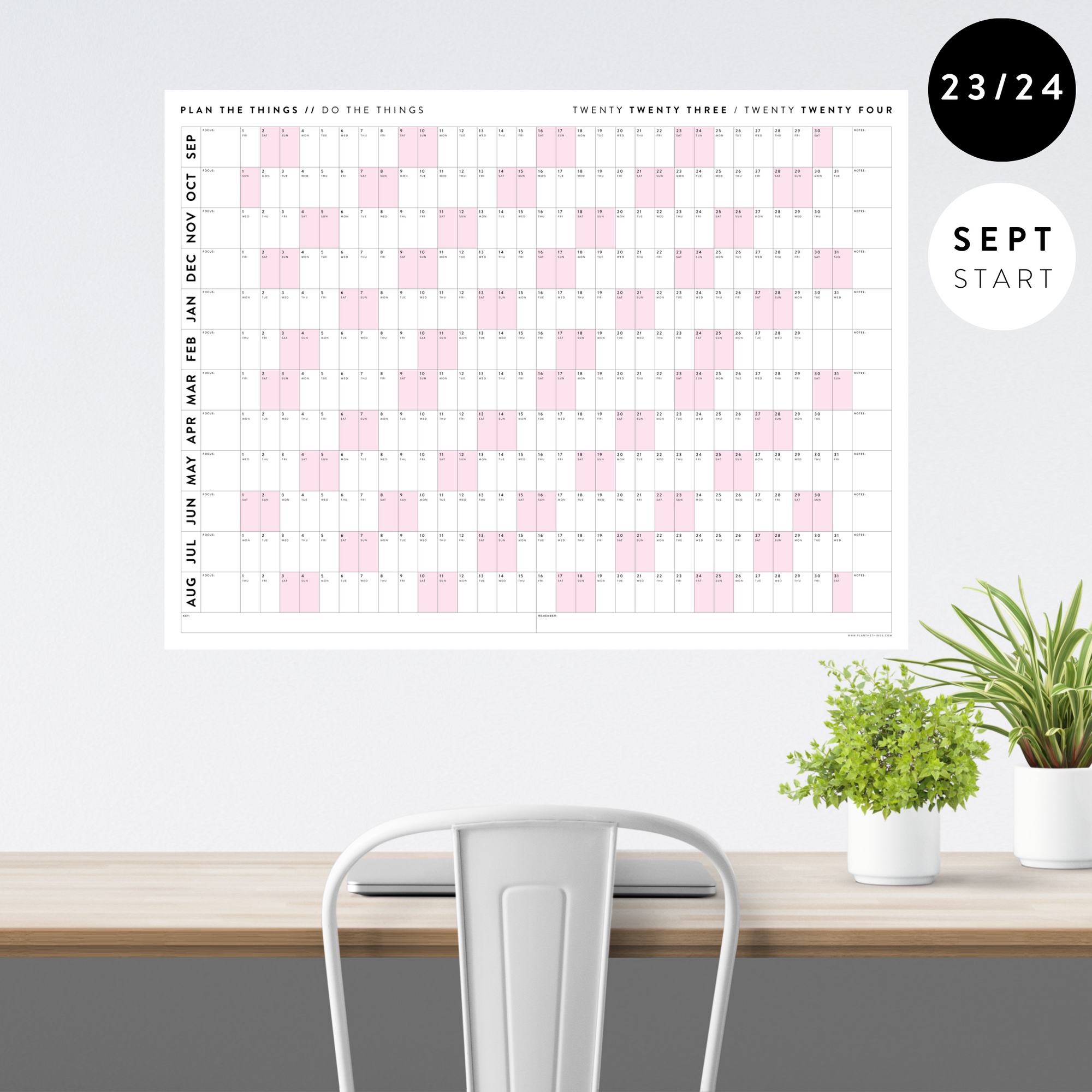 2023 / 2024 ACADEMIC WALL CALENDAR (SEPTEMBER START) | HORIZONTAL WITH PINK WEEKENDS