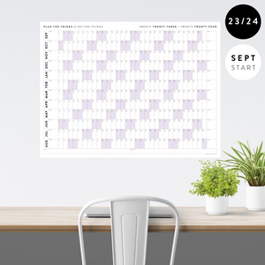 2023 / 2024 ACADEMIC WALL CALENDAR (SEPTEMBER START) | HORIZONTAL WITH PURPLE WEEKENDS