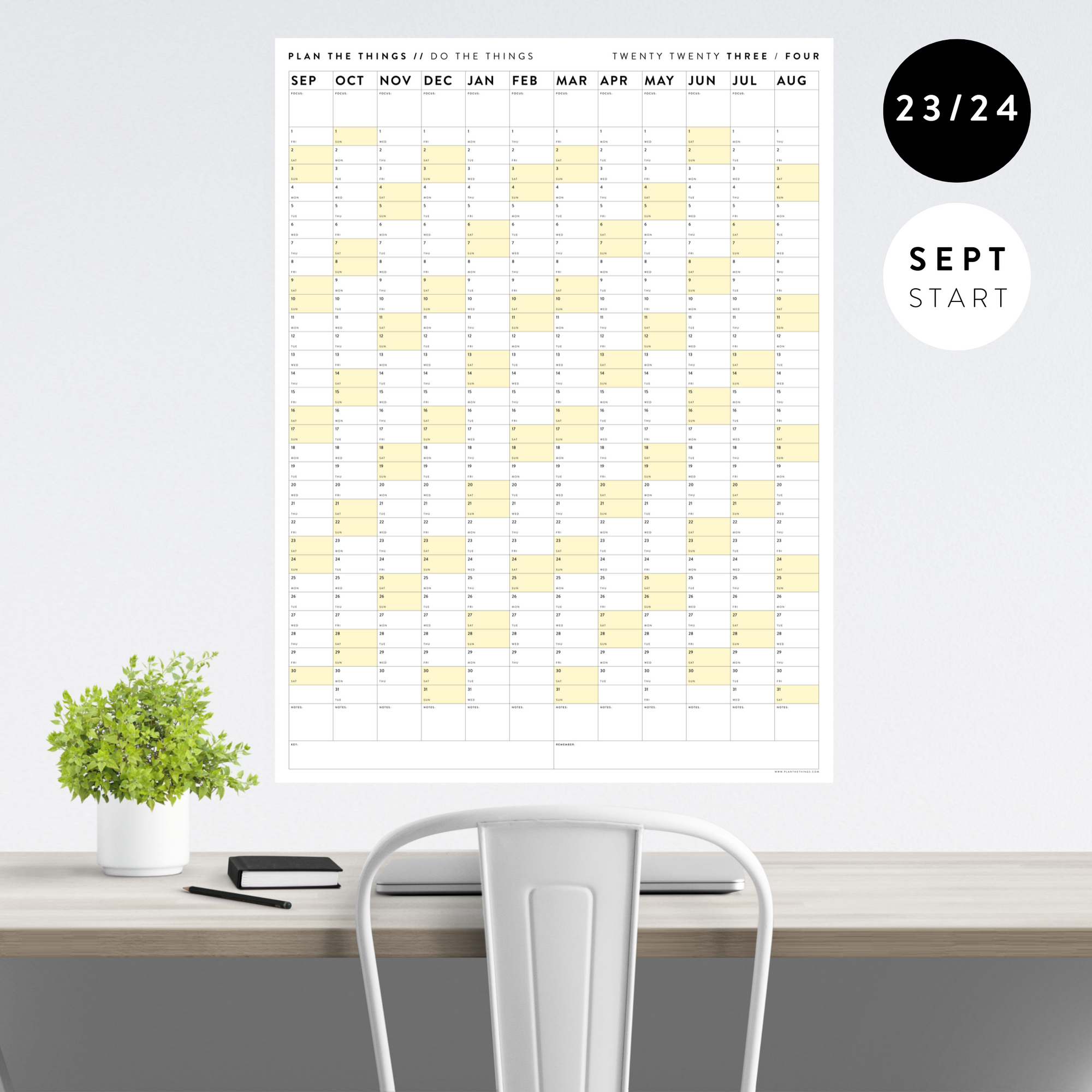 2023 / 2024 ACADEMIC WALL CALENDAR (SEPTEMBER START) | VERTICAL WITH YELLOW WEEKENDS