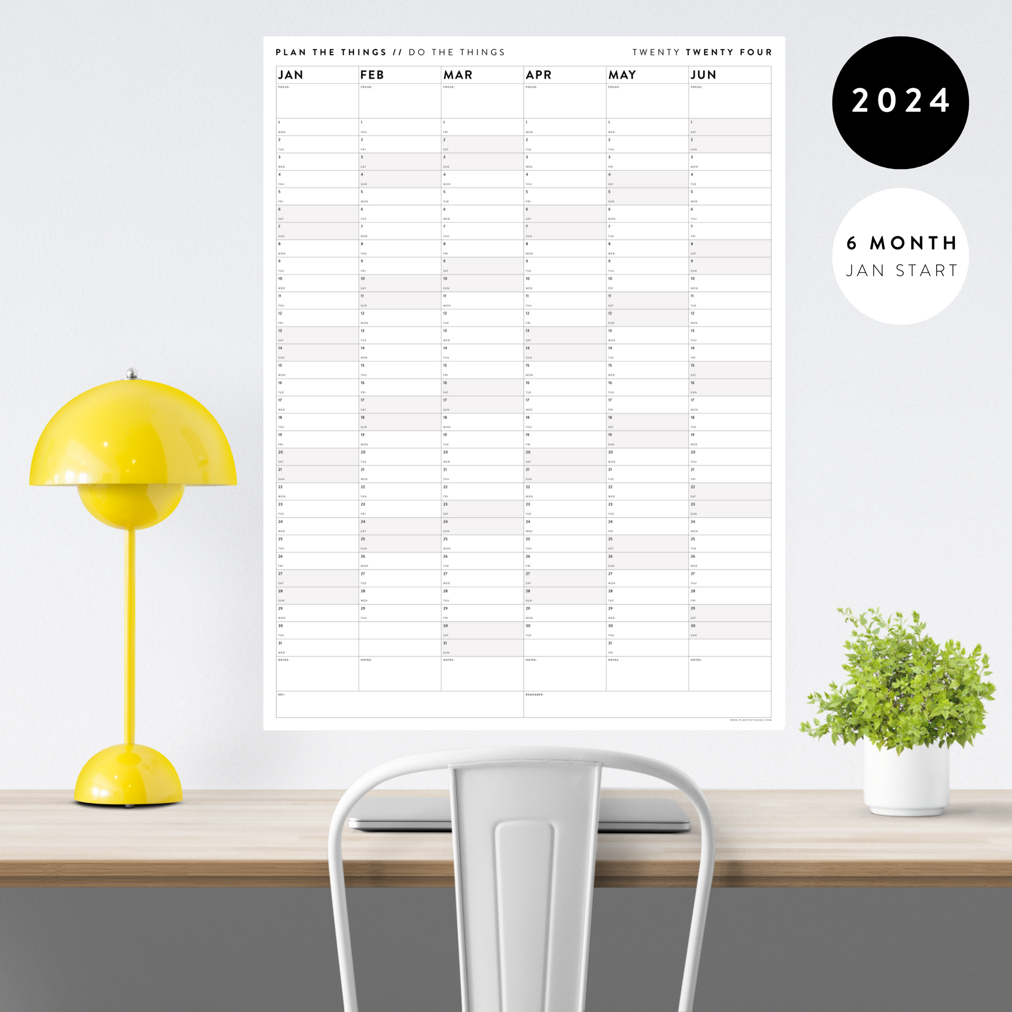 SIX MONTH 2024 GIANT WALL CALENDAR (JANUARY TO JUNE)  WITH GRAY / GREY WEEKENDS