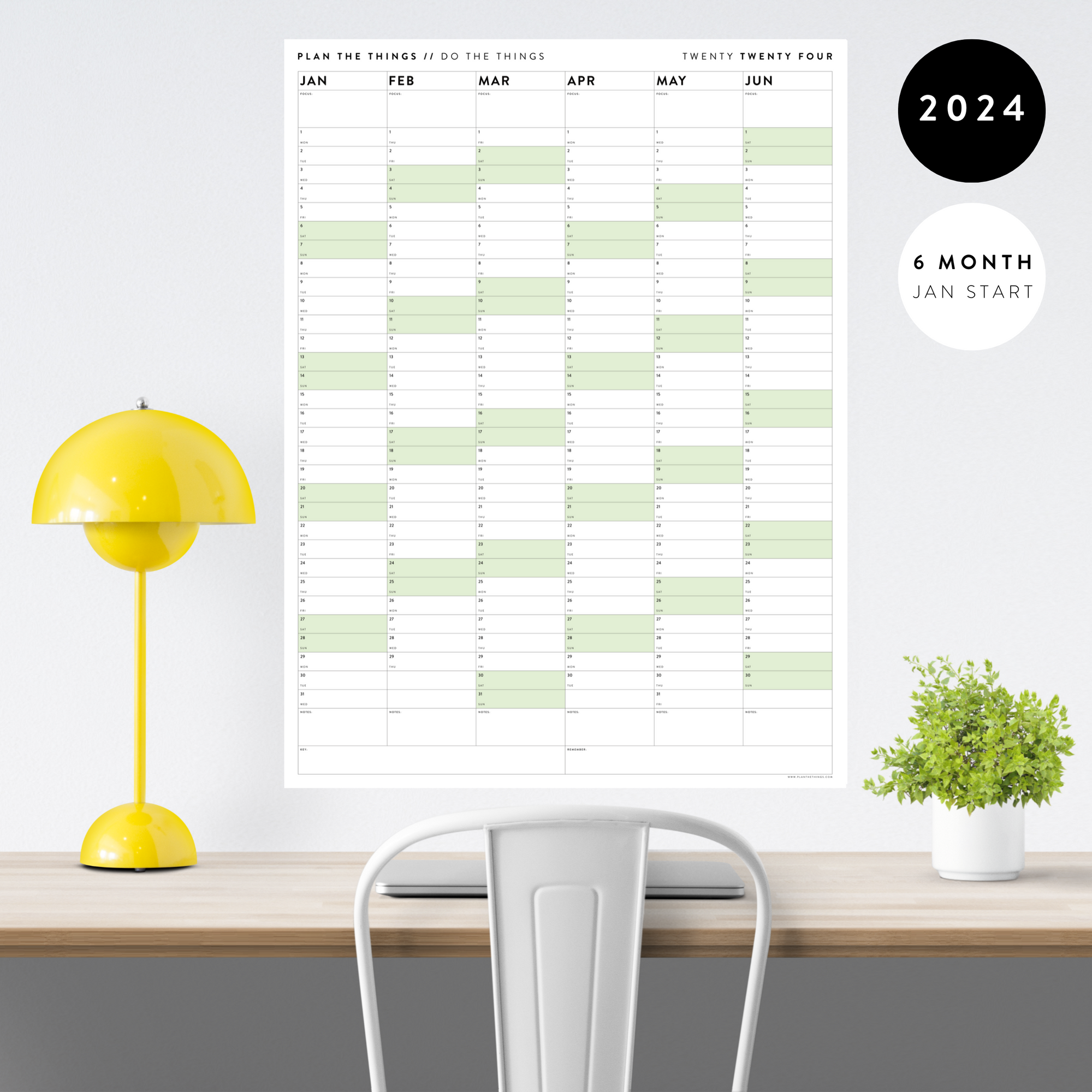SIX MONTH 2024 GIANT WALL CALENDAR (JANUARY TO JUNE)  WITH GREEN WEEKENDS