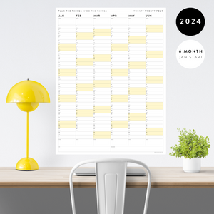 SIX MONTH 2024 GIANT WALL CALENDAR (JANUARY TO JUNE)  WITH YELLOW WEEKENDS