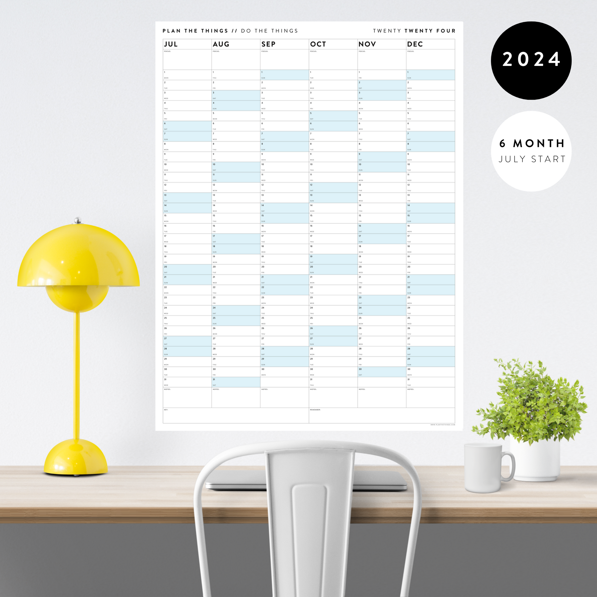 SIX MONTH 2024 GIANT WALL CALENDAR (JULY TO DECEMBER) WITH BLUE WEEKENDS