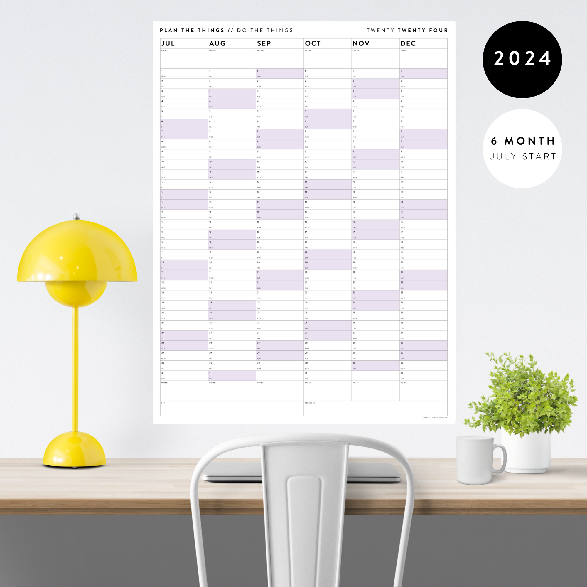 SIX MONTH 2024 GIANT WALL CALENDAR (JULY TO DECEMBER) WITH PURPLE WEEKENDS