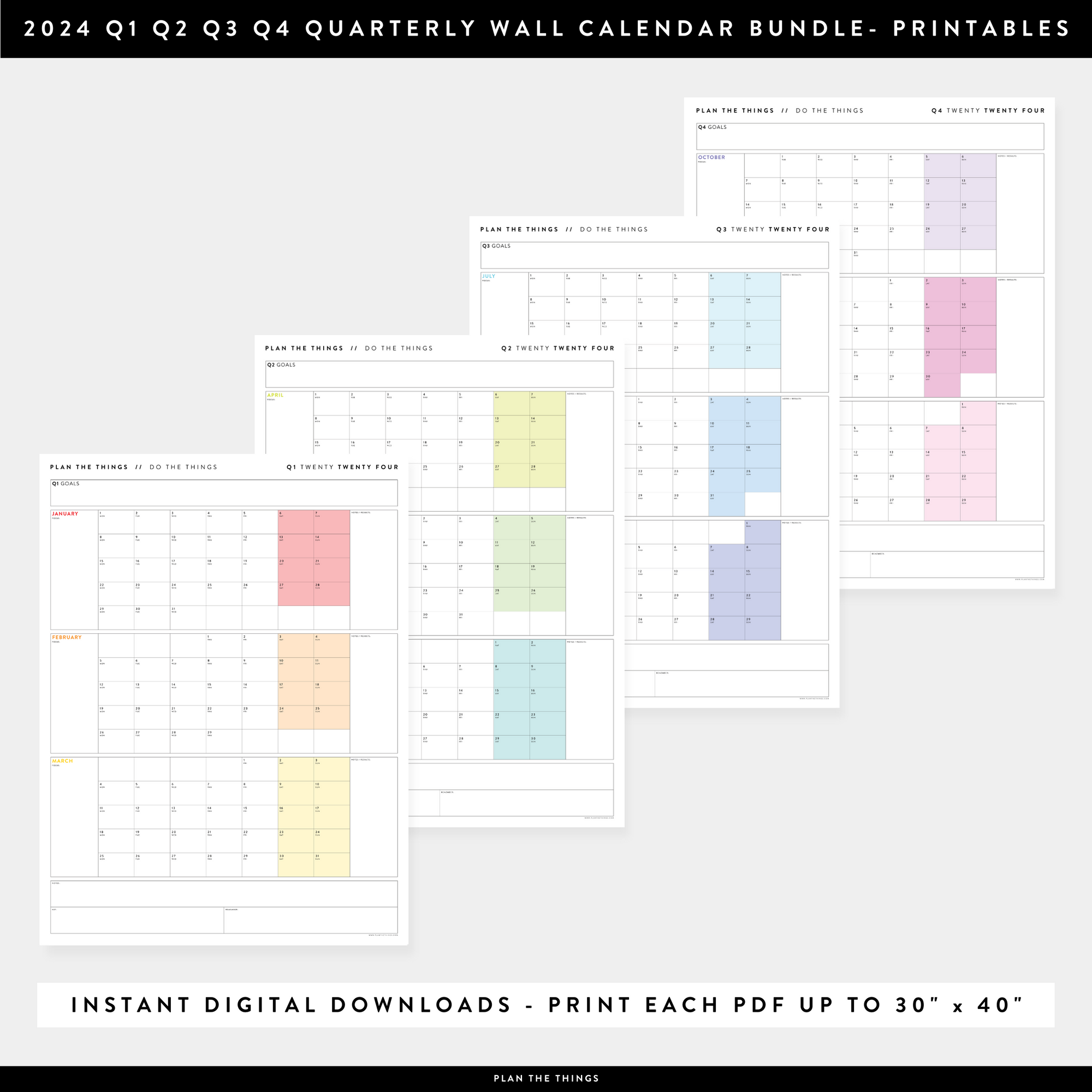 PRINTABLE 2024 QUARTERLY (Q1 + Q2 + Q3 + Q4) WALL CALENDAR BUNDLE (RAINBOW) - INSTANT DOWNLOAD