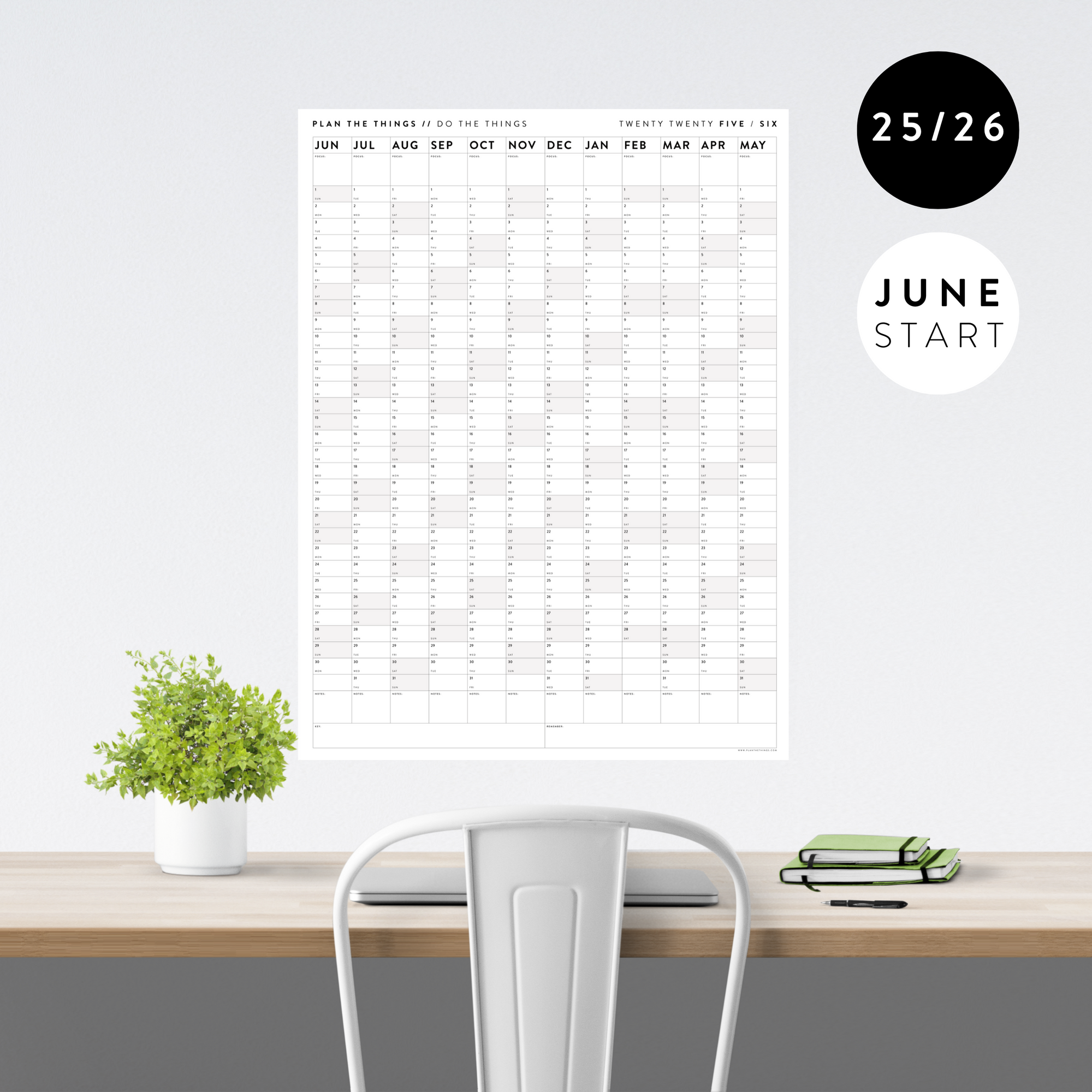 2025 - 2026 ACADEMIC WALL CALENDAR (JUNE START) | VERTICAL WITH GRAY / GREY WEEKENDS