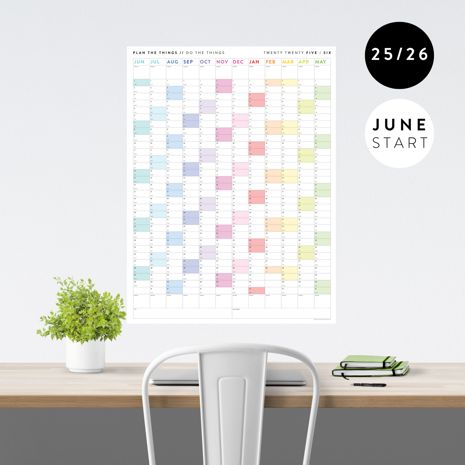 2025 - 2026 ACADEMIC WALL CALENDAR (JUNE START) | VERTICAL WITH RAINBOW WEEKENDS