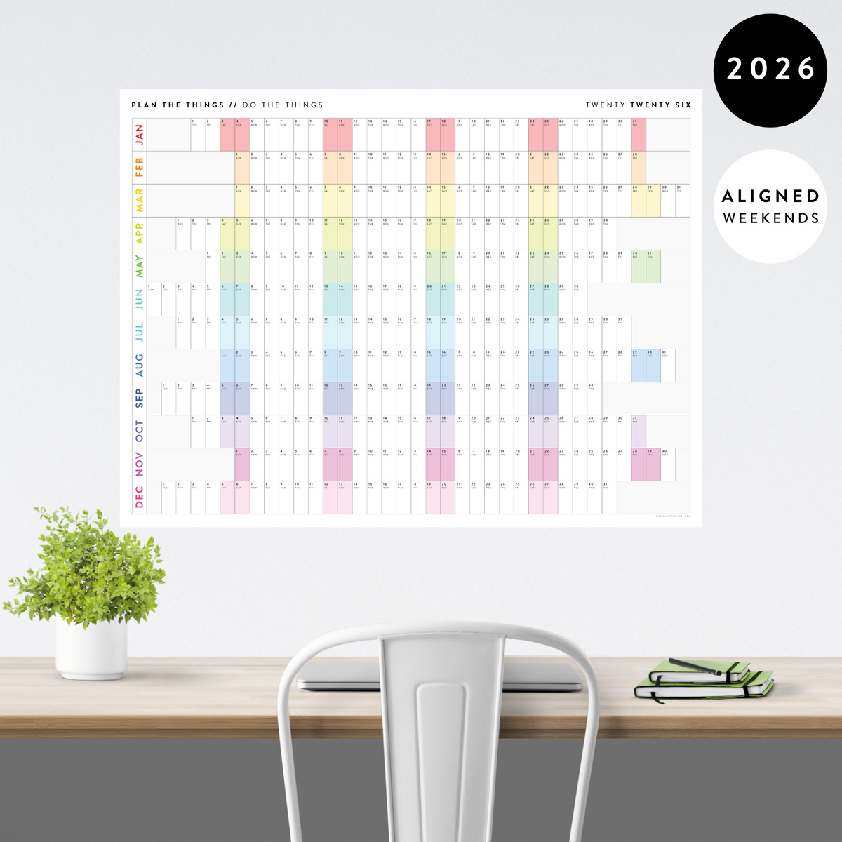 NEW! PRINTABLE 2026 HORIZONTAL WALL CALENDAR WITH ALIGNED WEEKENDS - INSTANT DOWNLOAD PRINT UP TO 48" x 36"