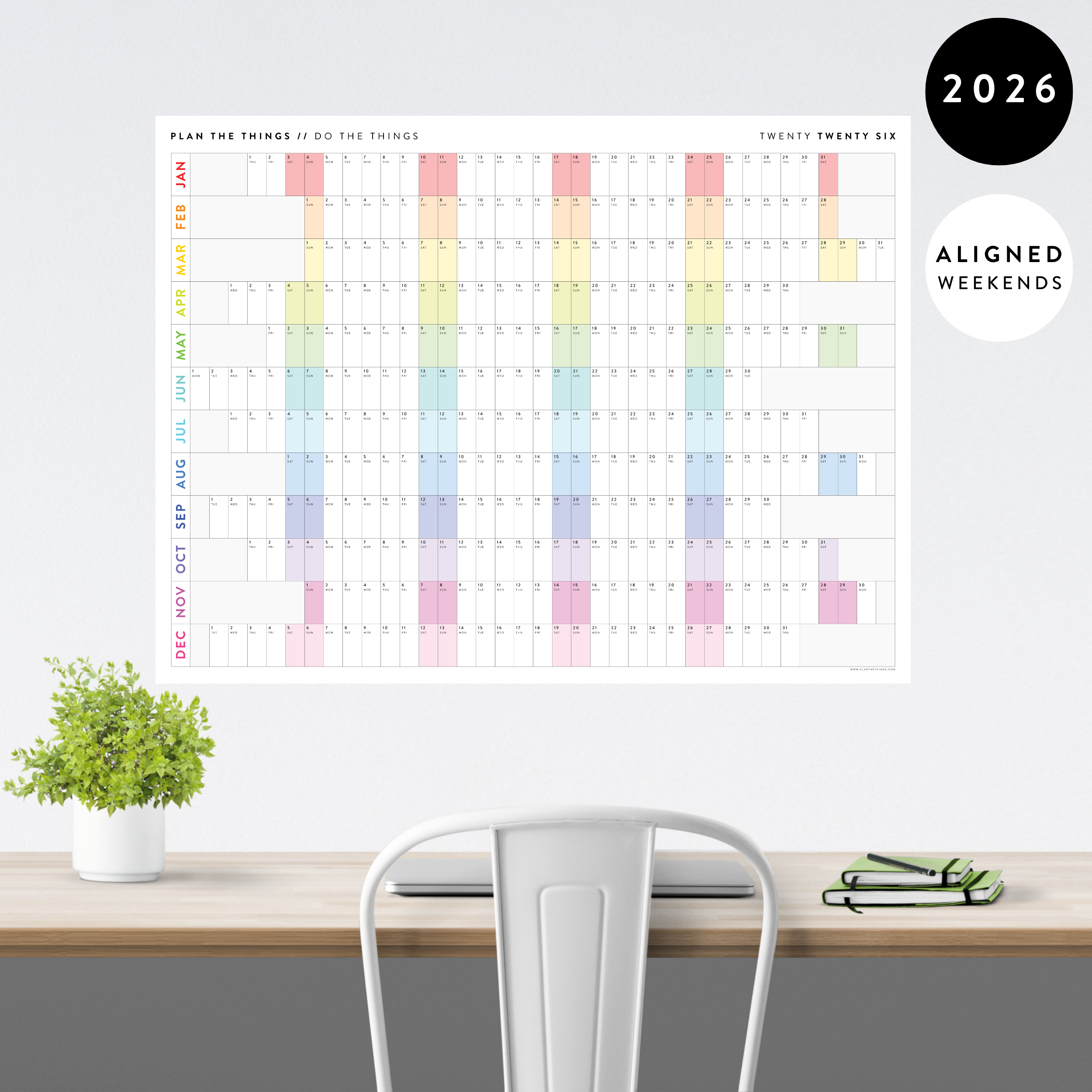 NEW! PRINTABLE 2026 HORIZONTAL WALL CALENDAR WITH ALIGNED WEEKENDS