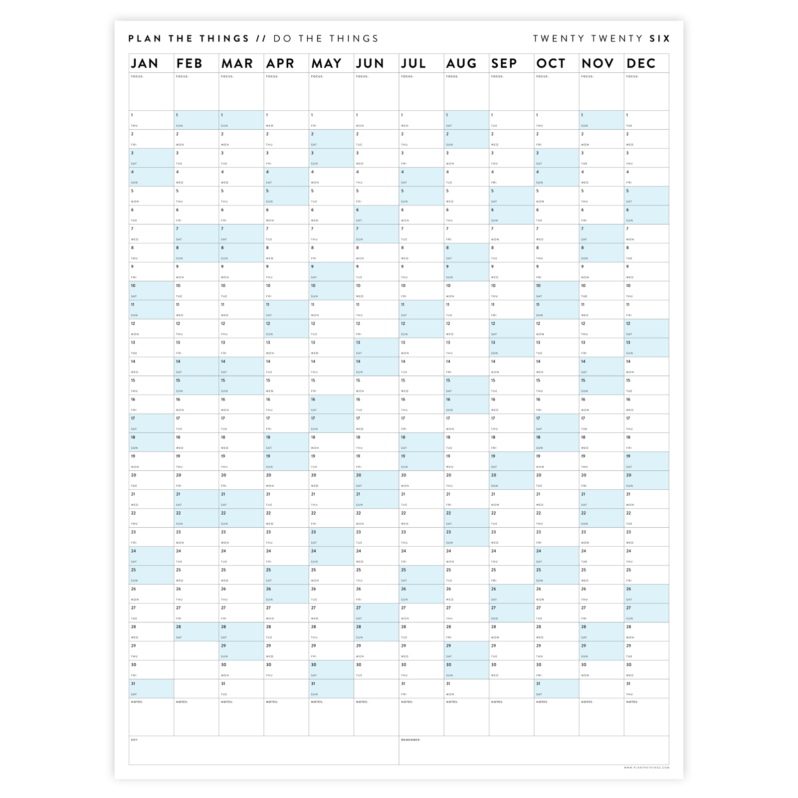 PRINTABLE VERTICAL 2026 WALL CALENDAR WITH BLUE WEEKENDS - INSTANT DOWNLOAD