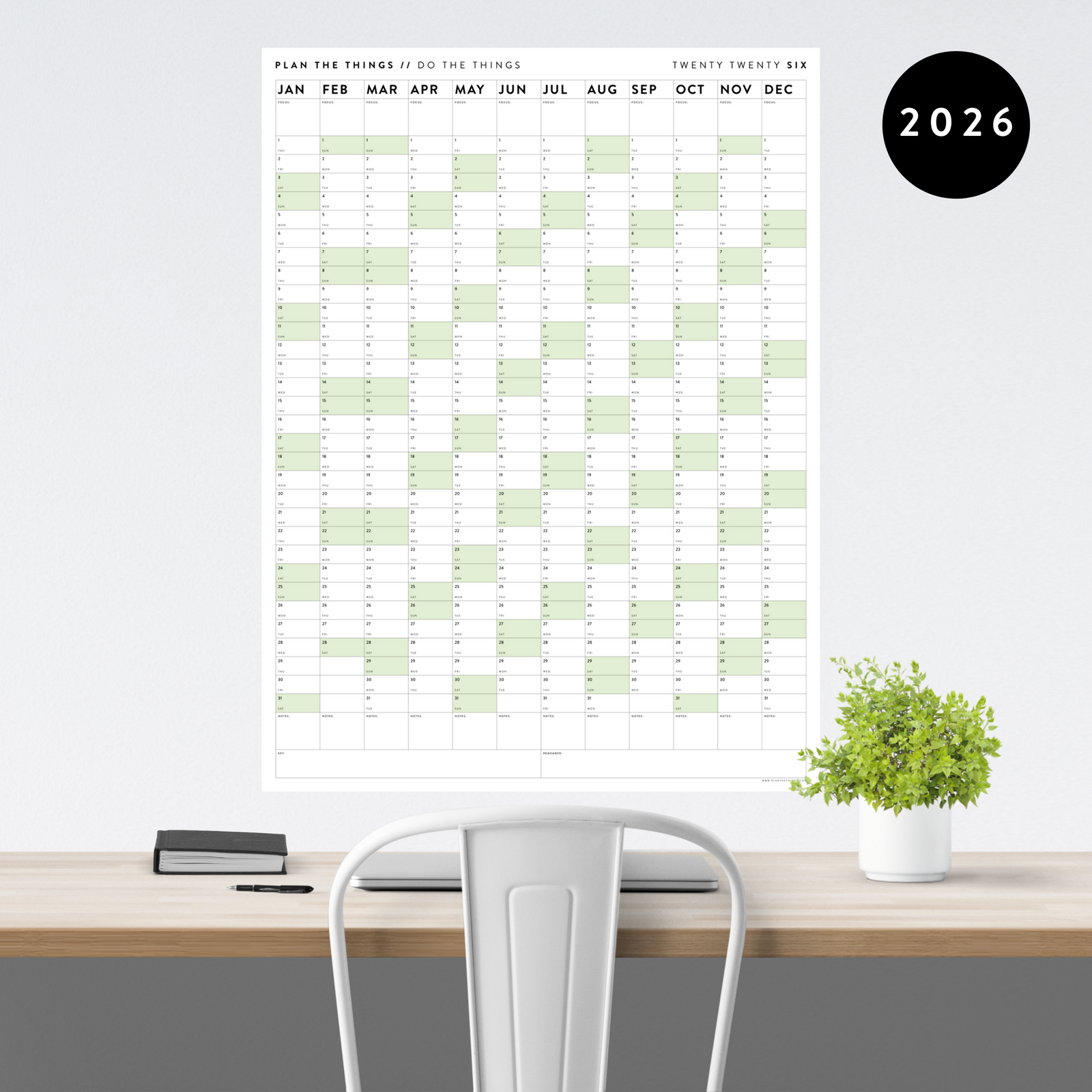 GIANT 2026 ANNUAL WALL CALENDAR | VERTICAL WITH GREEN WEEKENDS