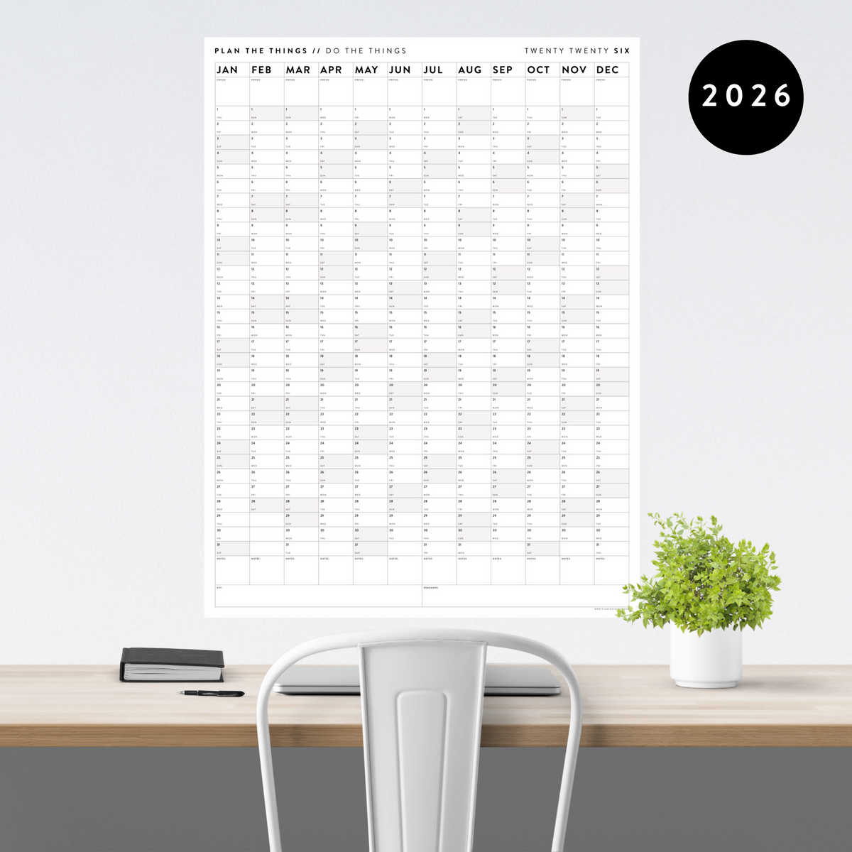 PRINTABLE VERTICAL 2026 WALL CALENDAR WITH GRAY WEEKENDS INSTANT DOW