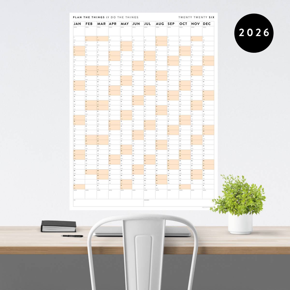 GIANT 2026 ANNUAL WALL CALENDAR | VERTICAL WITH ORANGE WEEKENDS