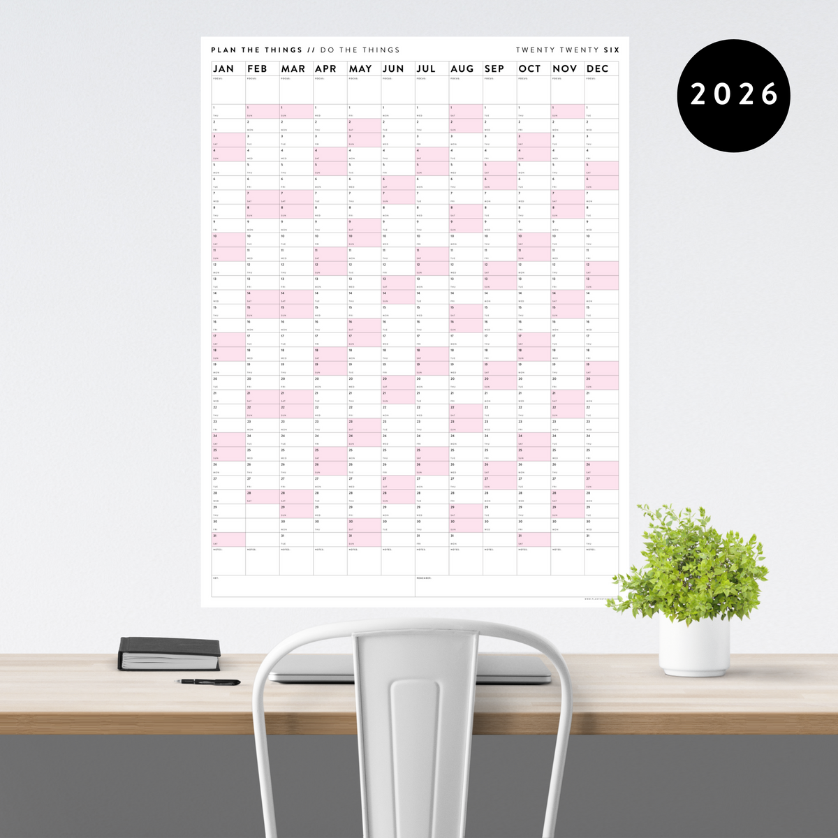 GIANT 2026 ANNUAL WALL CALENDAR | VERTICAL WITH PINK WEEKENDS