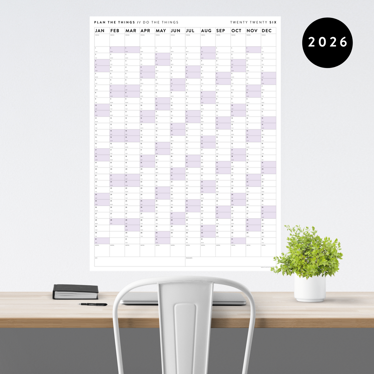 PRINTABLE VERTICAL 2026 WALL CALENDAR WITH PURPLE WEEKENDS - INSTANT DOWNLOAD