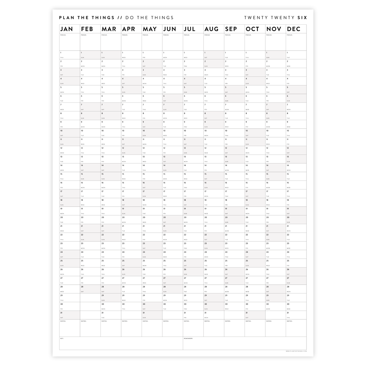 PRINTABLE VERTICAL 2026 WALL CALENDAR WITH GRAY WEEKENDS INSTANT DOW