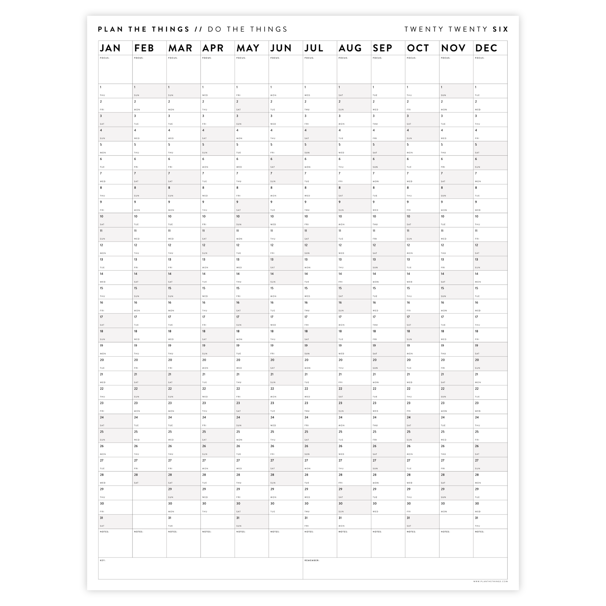 PRINTABLE VERTICAL 2026 WALL CALENDAR WITH GRAY WEEKENDS INSTANT DOW