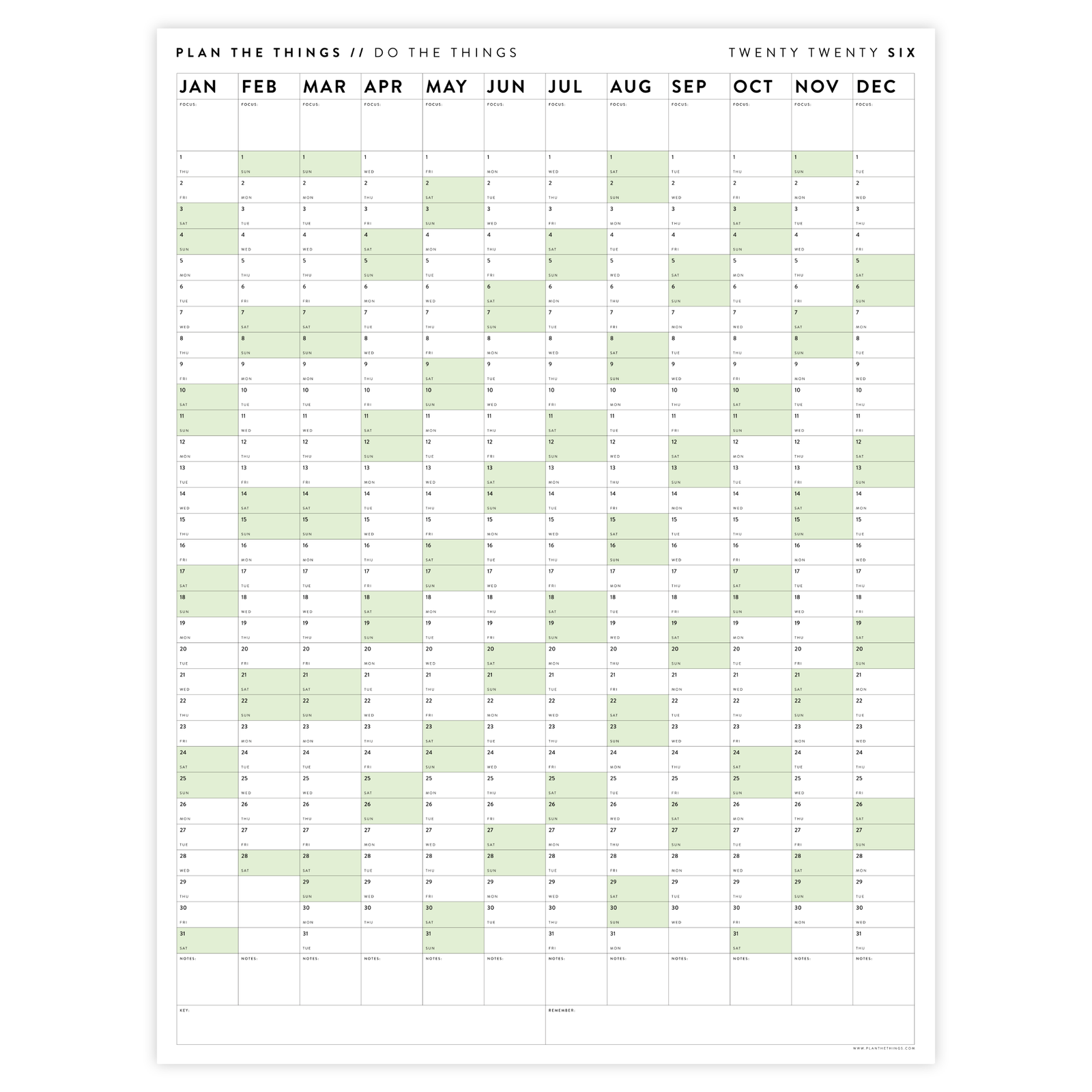 PRINTABLE VERTICAL 2026 WALL CALENDAR WITH GREEN WEEKENDS - INSTANT DOWNLOAD