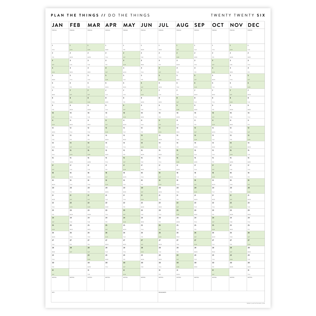 GIANT 2026 ANNUAL WALL CALENDAR | VERTICAL WITH GREEN WEEKENDS