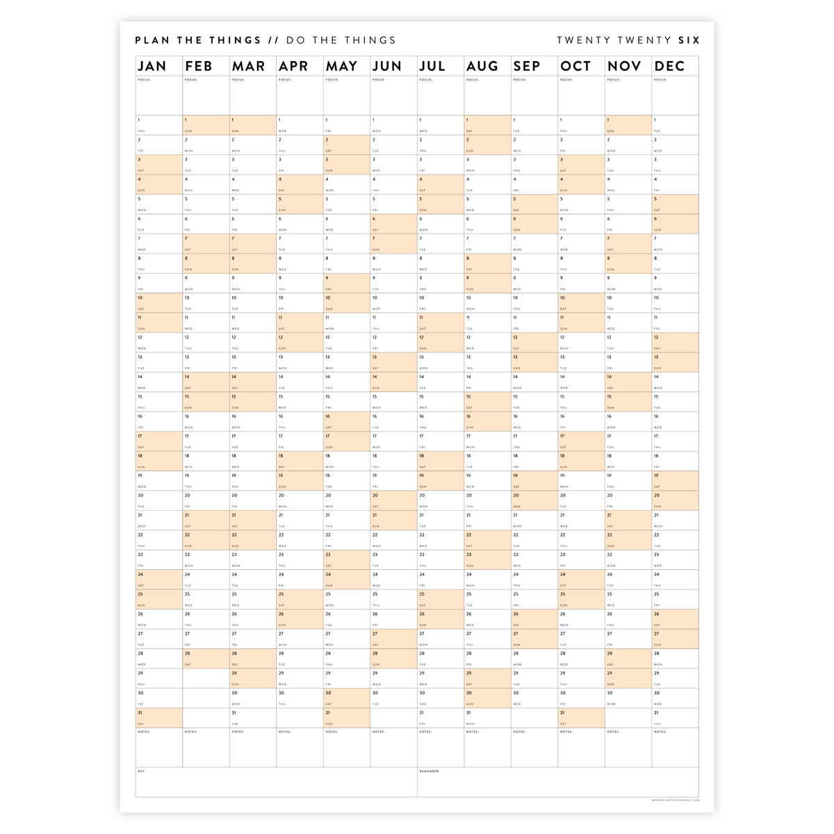 PRINTABLE VERTICAL 2026 WALL CALENDAR WITH ORANGE WEEKENDS INSTANT D