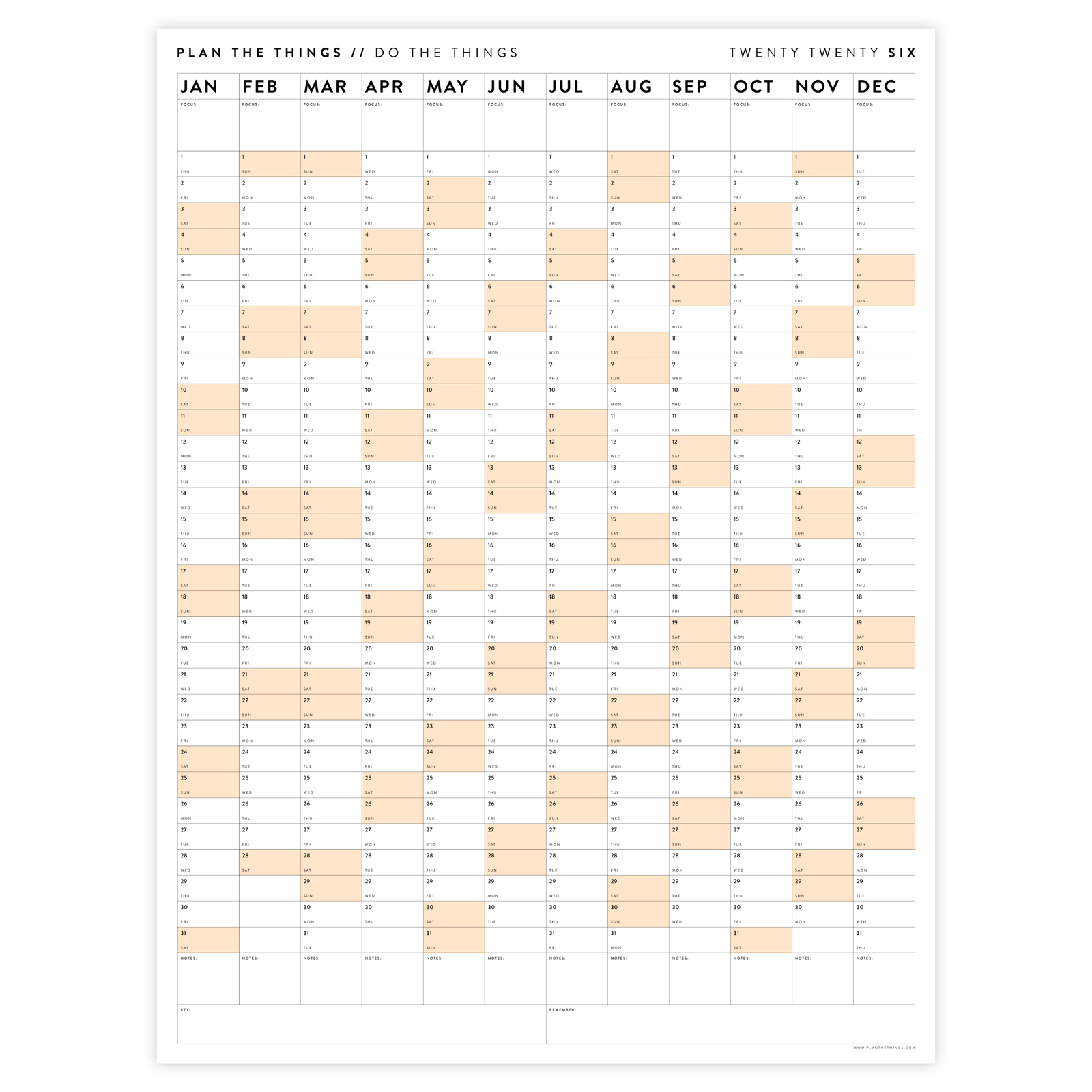 PRINTABLE VERTICAL 2026 WALL CALENDAR WITH ORANGE WEEKENDS - INSTANT DOWNLOAD