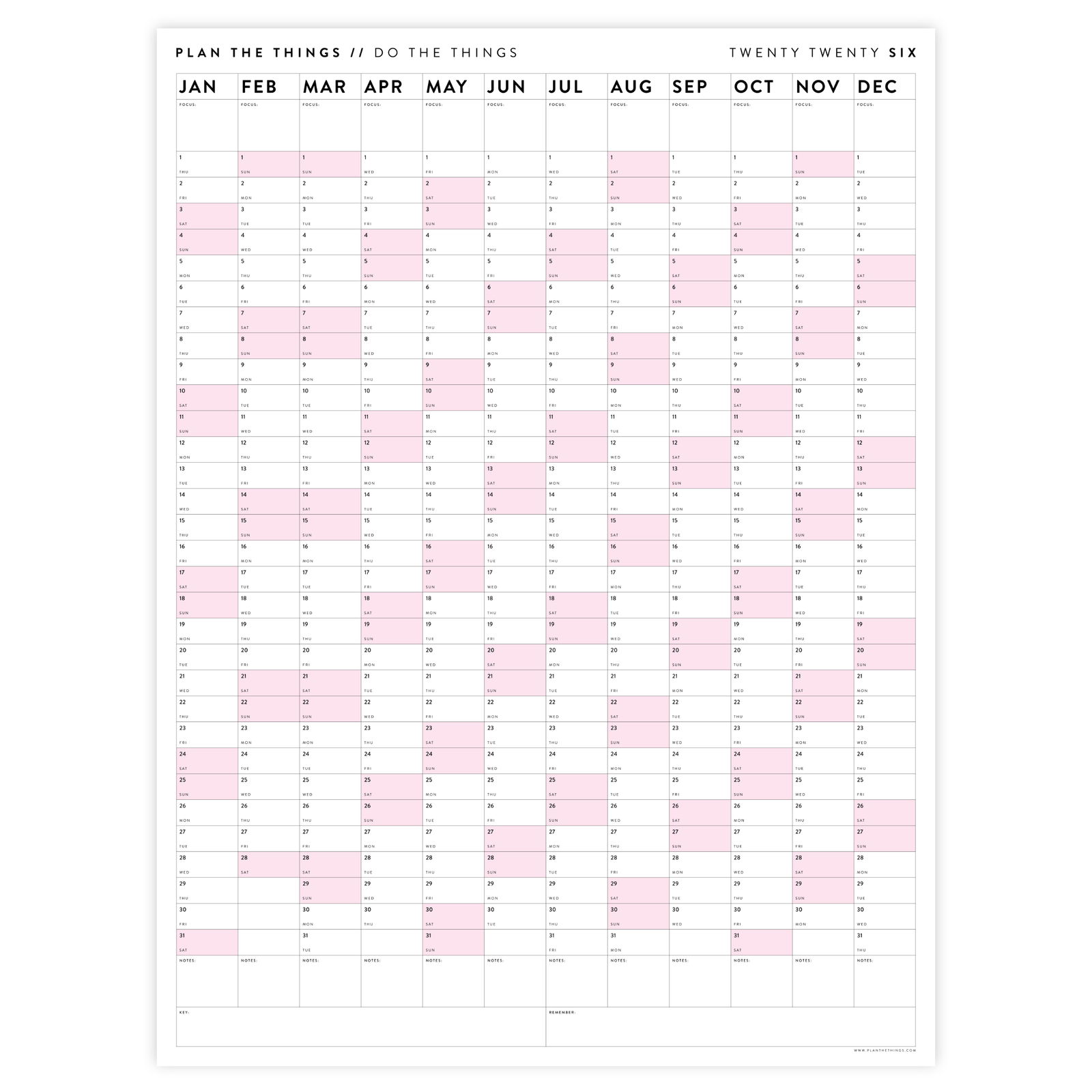 PRINTABLE VERTICAL 2026 WALL CALENDAR WITH PINK WEEKENDS - INSTANT DOWNLOAD