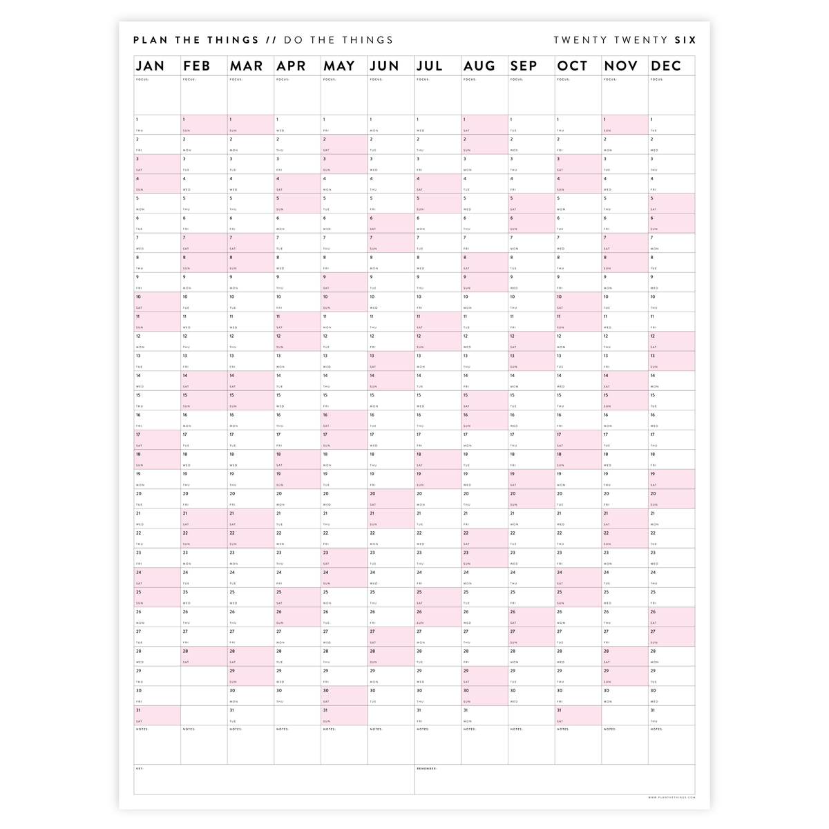 GIANT 2026 ANNUAL WALL CALENDAR | VERTICAL WITH PINK WEEKENDS