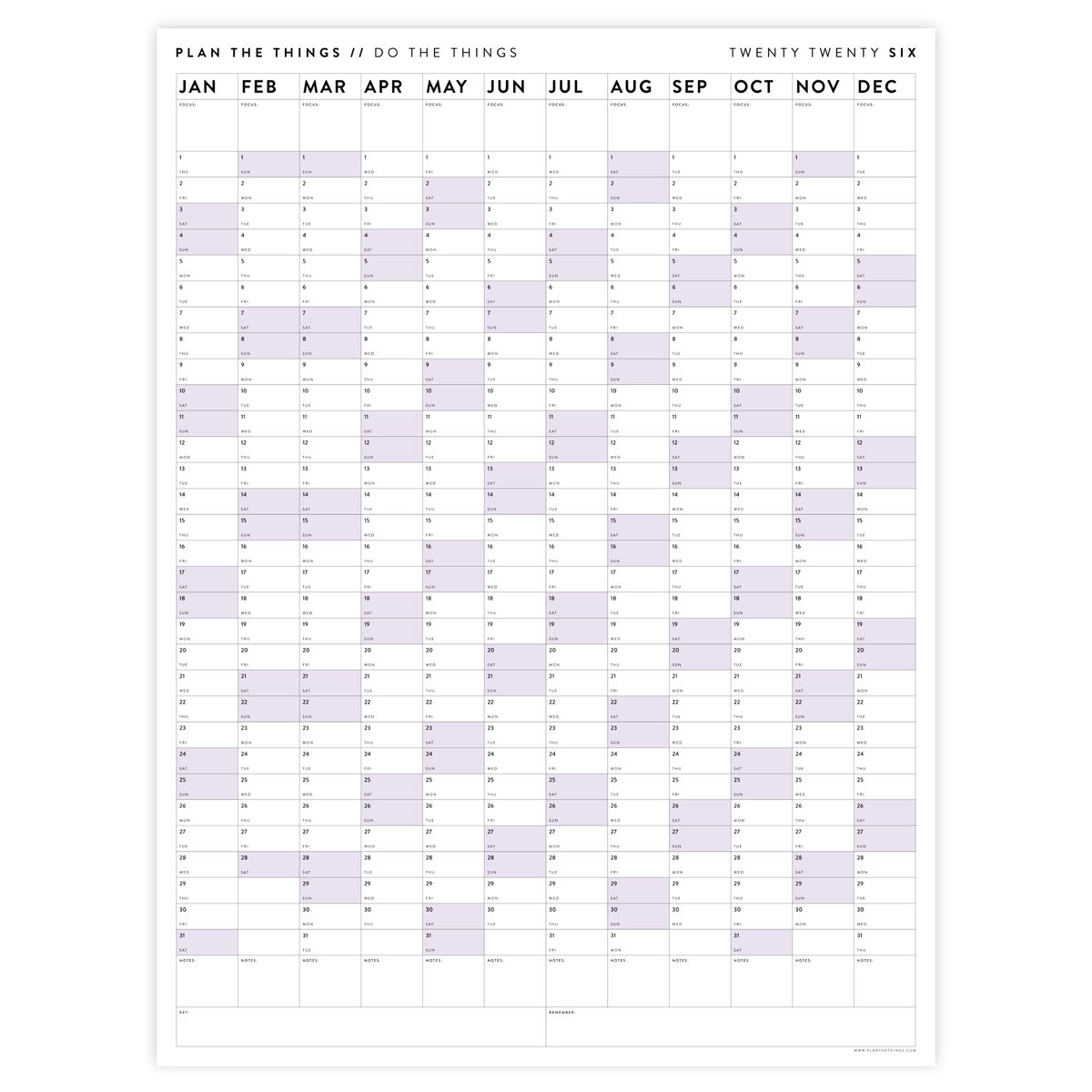 PRINTABLE VERTICAL 2026 WALL CALENDAR WITH PURPLE WEEKENDS - INSTANT DOWNLOAD