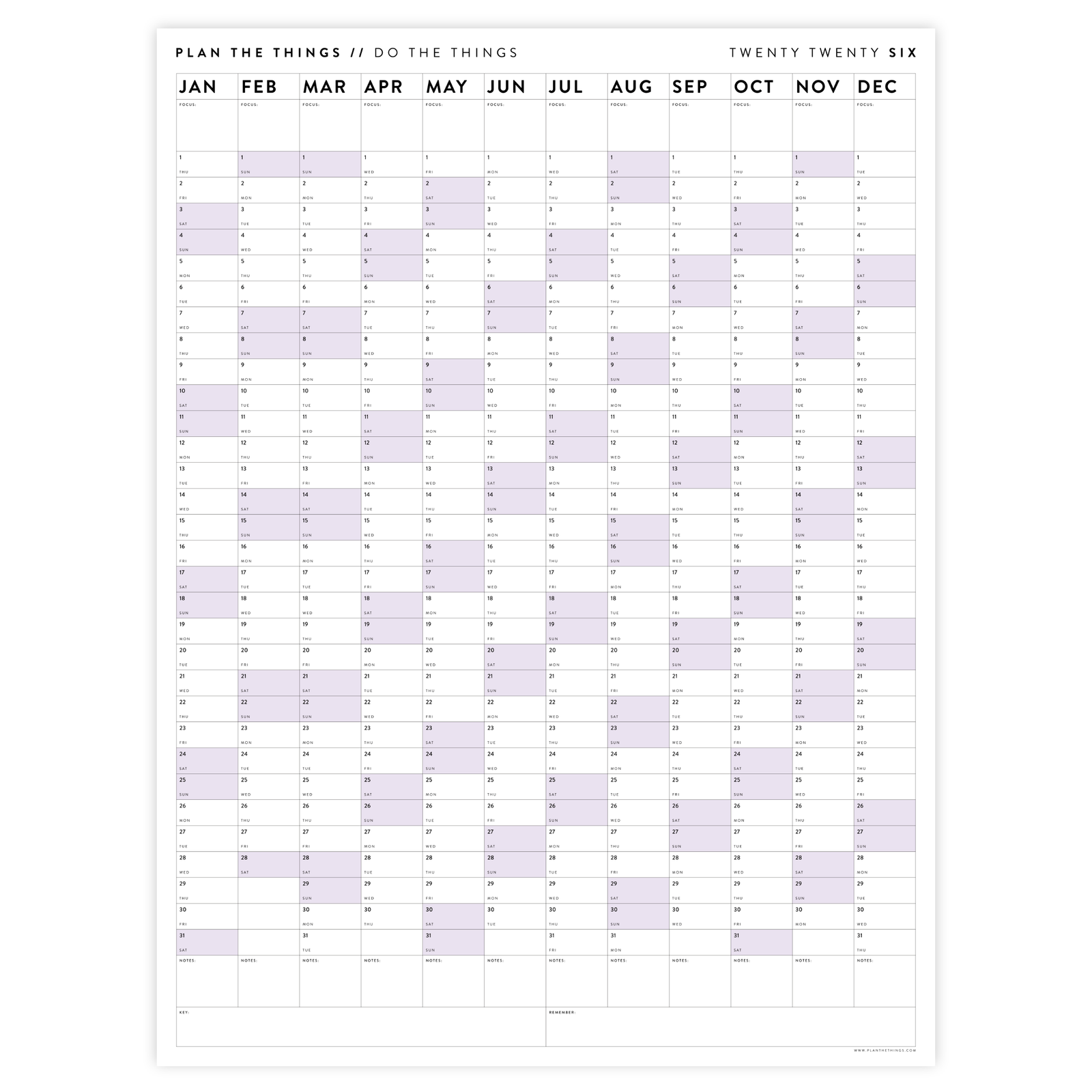 PRINTABLE VERTICAL 2026 WALL CALENDAR WITH PURPLE WEEKENDS - INSTANT DOWNLOAD