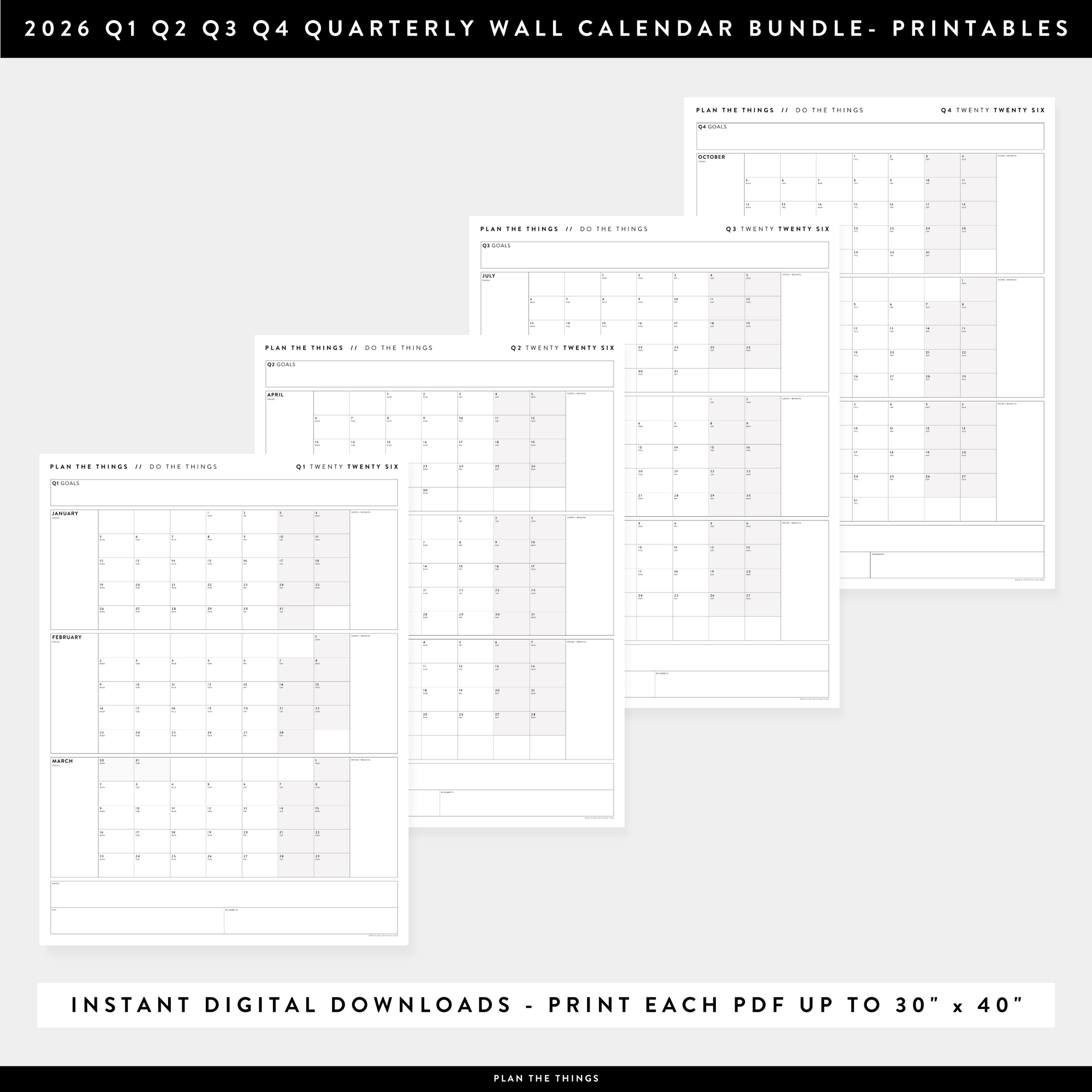 PRINTABLE 2026 QUARTERLY (Q1 + Q2 + Q3 + Q4) WALL CALENDAR BUNDLE (GRAY) - INSTANT DOWNLOAD