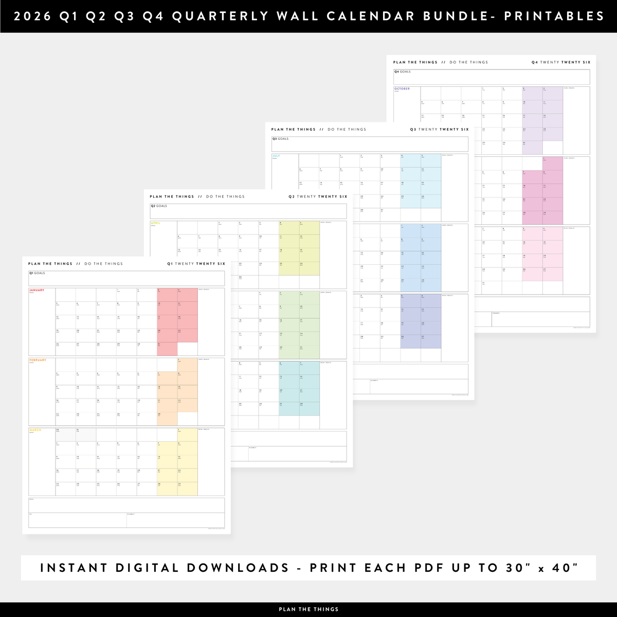 PRINTABLE 2026 QUARTERLY (Q1 + Q2 + Q3 + Q4) WALL CALENDAR BUNDLE (RAINBOW) - INSTANT DOWNLOAD