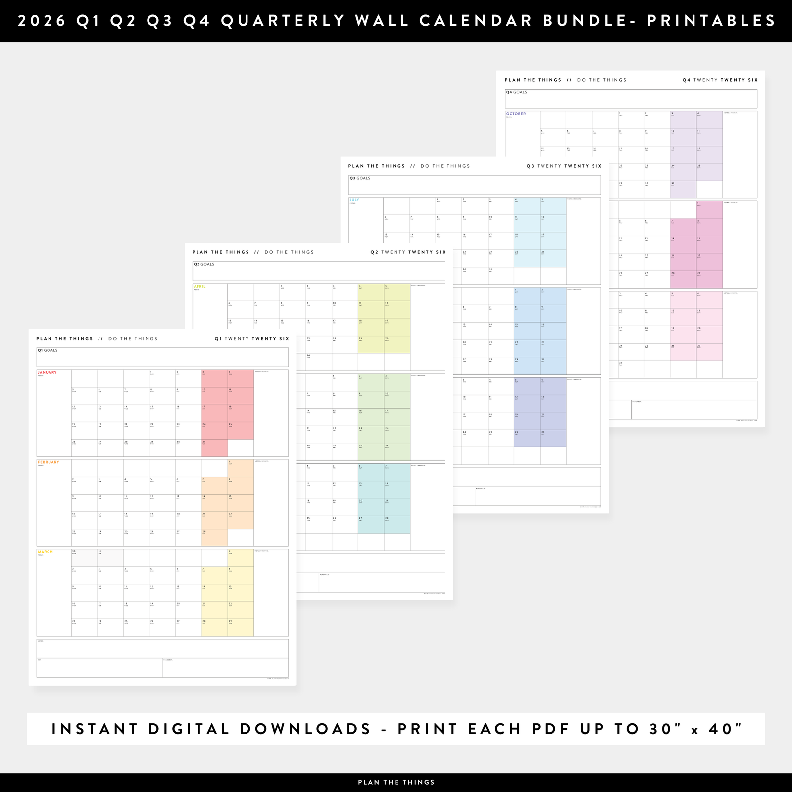 PRINTABLE 2026 QUARTERLY (Q1 + Q2 + Q3 + Q4) WALL CALENDAR BUNDLE (RAINBOW) - INSTANT DOWNLOAD