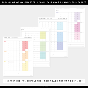 PRINTABLE 2026 QUARTERLY (Q1 + Q2 + Q3 + Q4) WALL CALENDAR BUNDLE (RAINBOW) - INSTANT DOWNLOAD