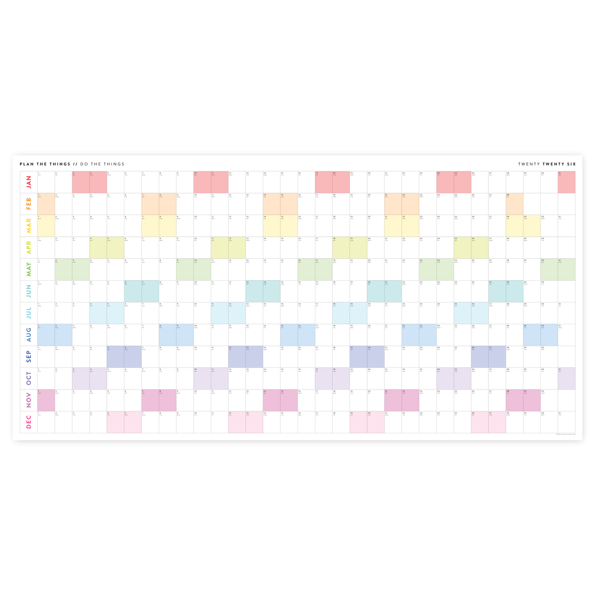 PRINTABLE 6' x 3' MASSIVE 2026 SIMPLIFIED  WALL CALENDAR WITH RAINBOW WEEKENDS - INSTANT DOWNLOAD