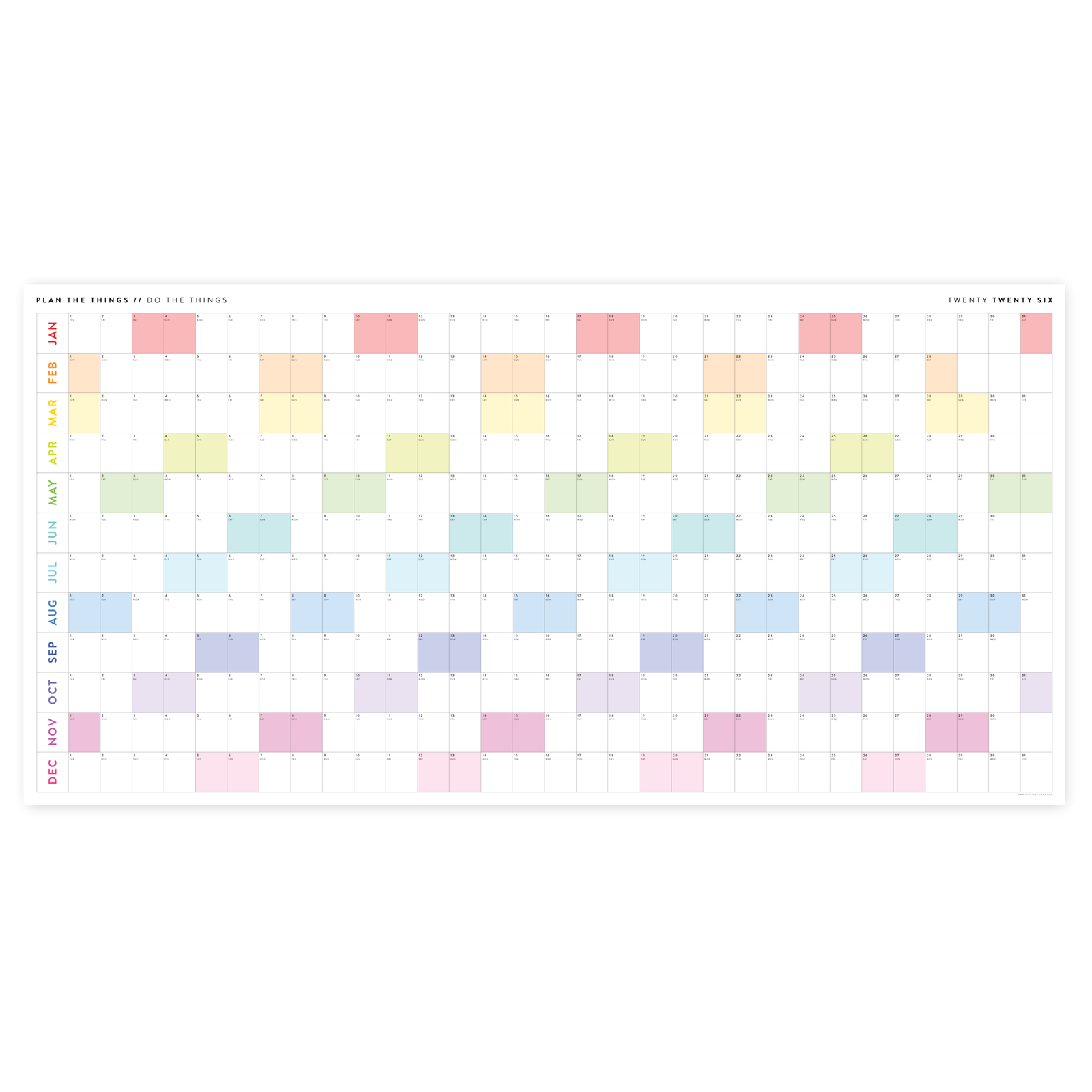 PRINTABLE 6' x 3' MASSIVE 2026 SIMPLIFIED  WALL CALENDAR WITH RAINBOW WEEKENDS - INSTANT DOWNLOAD