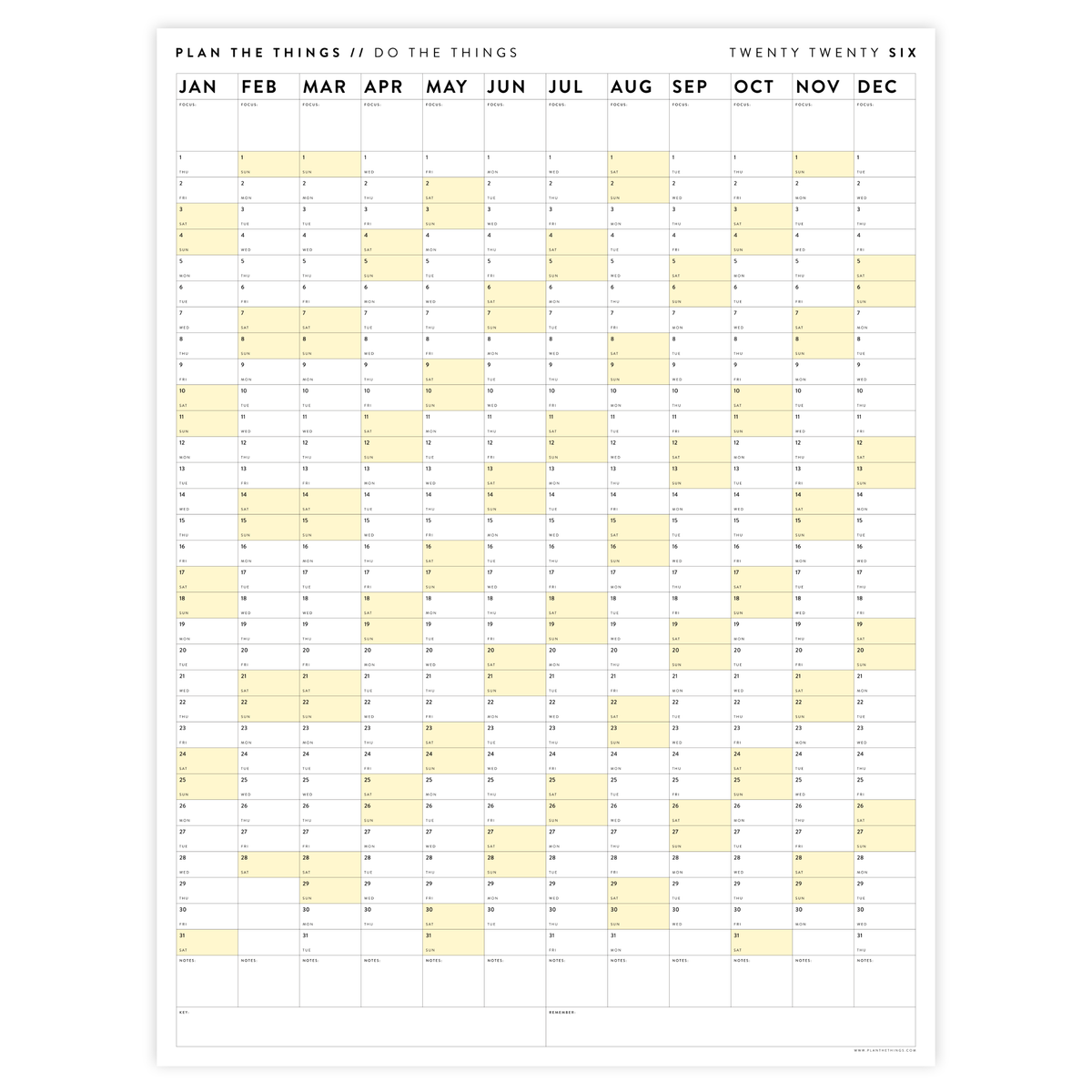 PRINTABLE VERTICAL 2026 WALL CALENDAR WITH YELLOW WEEKENDS - INSTANT DOWNLOAD