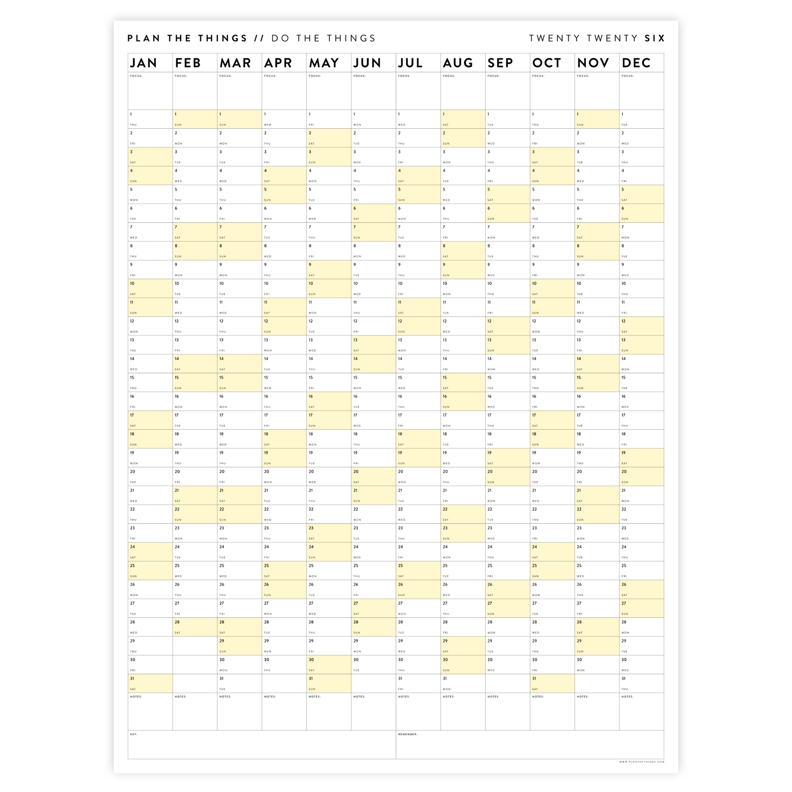 GIANT 2026 ANNUAL WALL CALENDAR | VERTICAL WITH YELLOW WEEKENDS