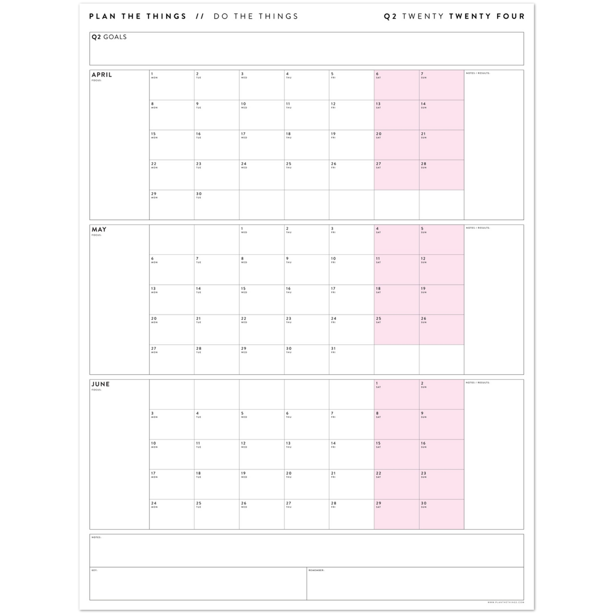 Q2 2024 QUARTERLY GIANT WALL CALENDAR (APRIL - JUNE 2024) - PINK WEEKENDS