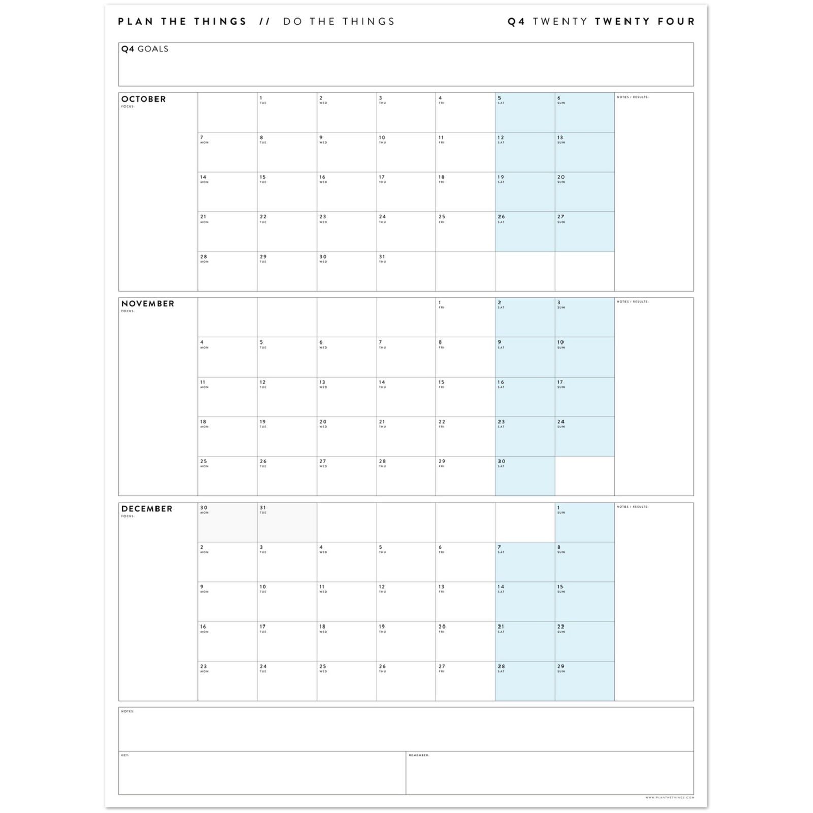 Q4 2024 QUARTERLY GIANT WALL CALENDAR (OCTOBER - DECEMBER 2024) - BLUE WEEKENDS