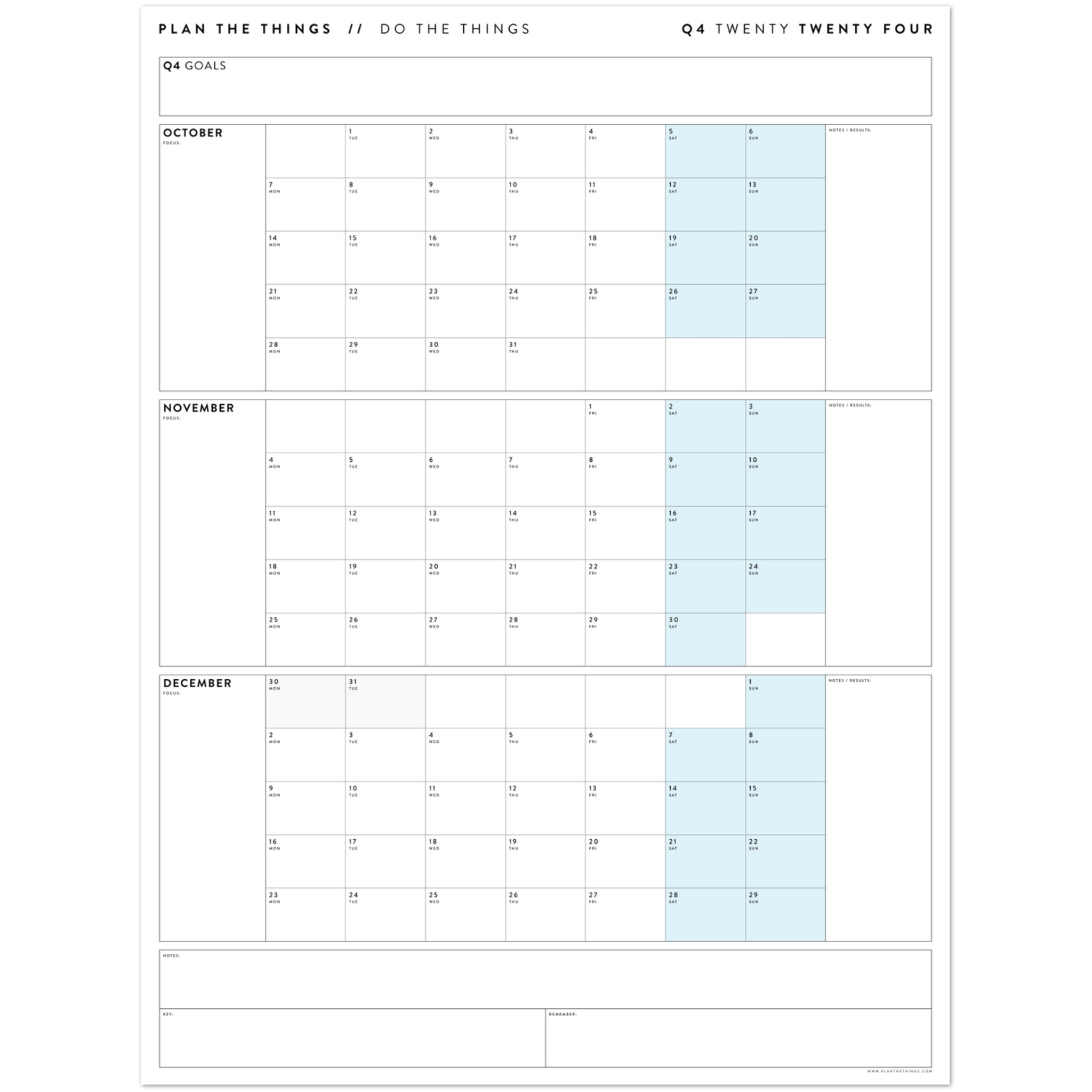 Q4 2024 QUARTERLY GIANT WALL CALENDAR (OCTOBER DECEMBER 2024) BLUE