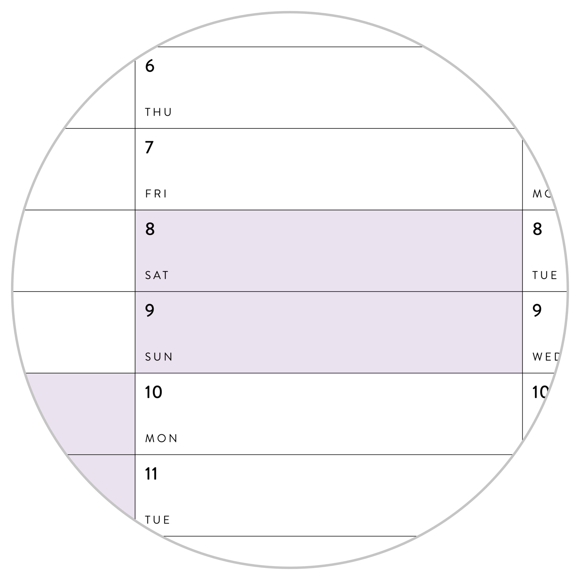 PRINTABLE SIX MONTH 2025 WALL CALENDAR SET WITH PURPLE WEEKENDS INST